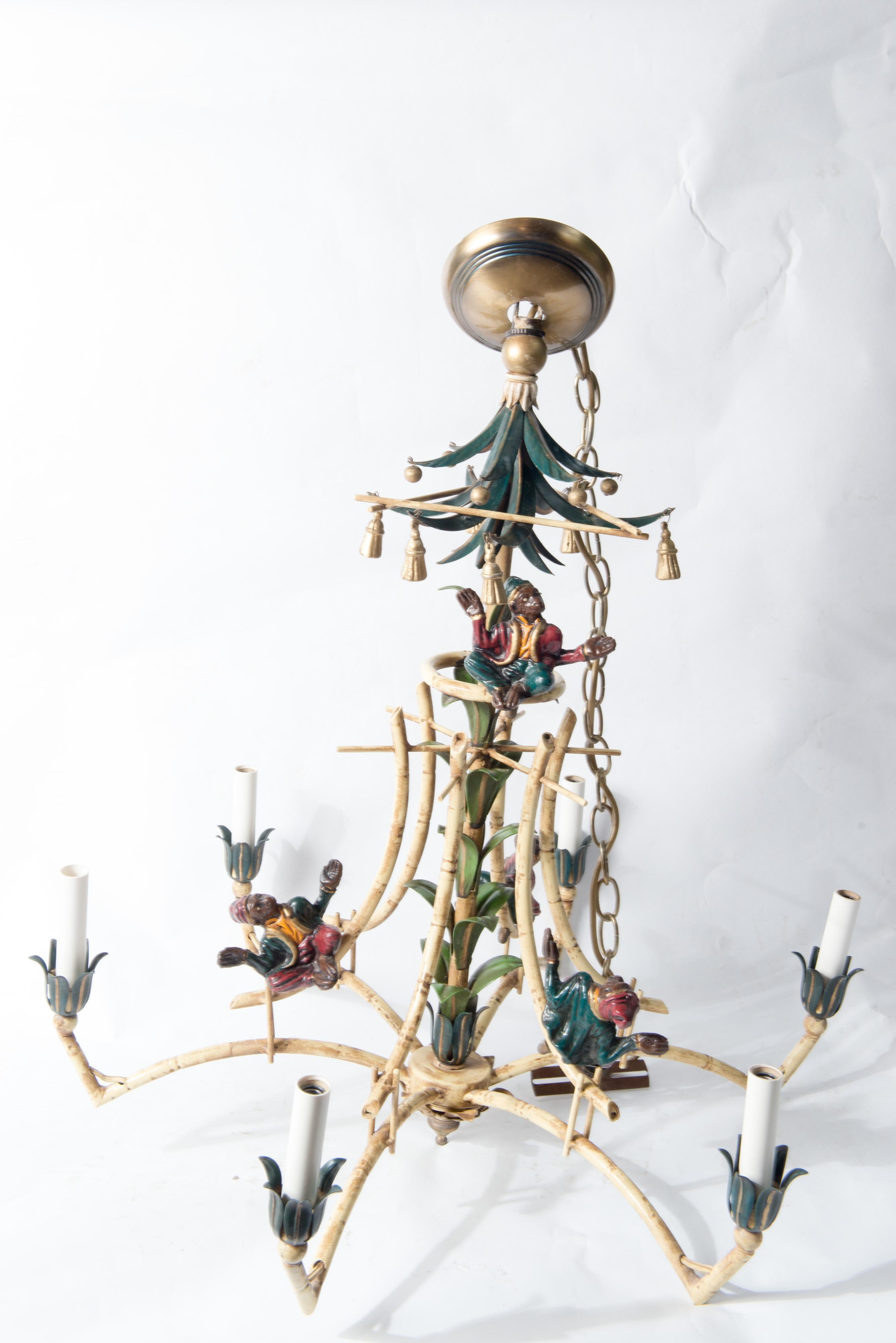 Late 20th Century Chinoiserie Chandelier with Monkeys & Tassels