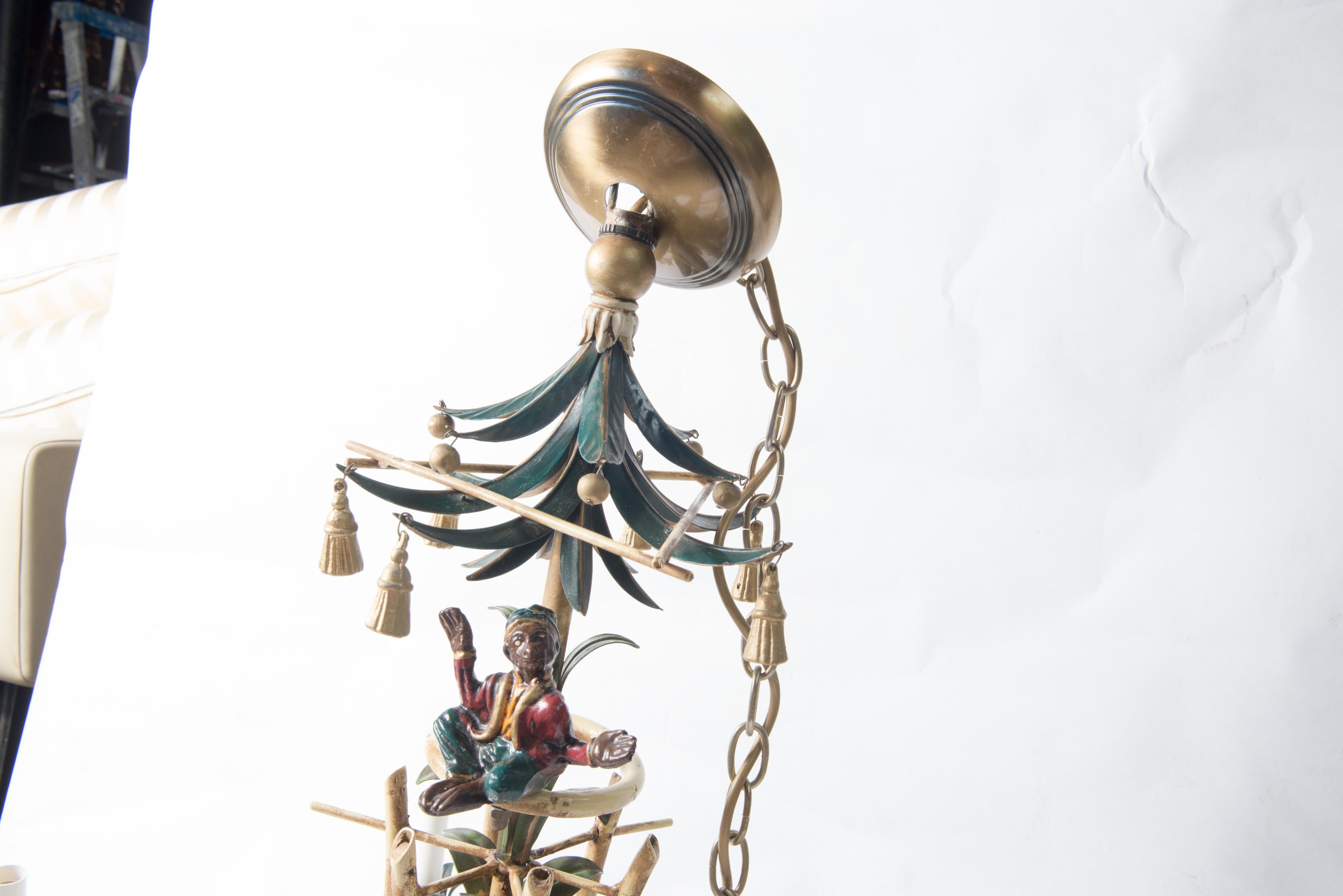 Metal Chinoiserie Chandelier with Monkeys & Tassels