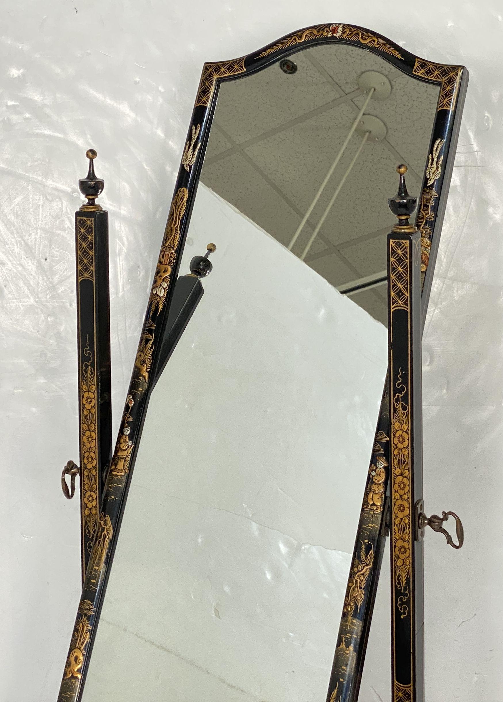 Chinoiserie Cheval Mirror with Black Lacquered Frame from England 5