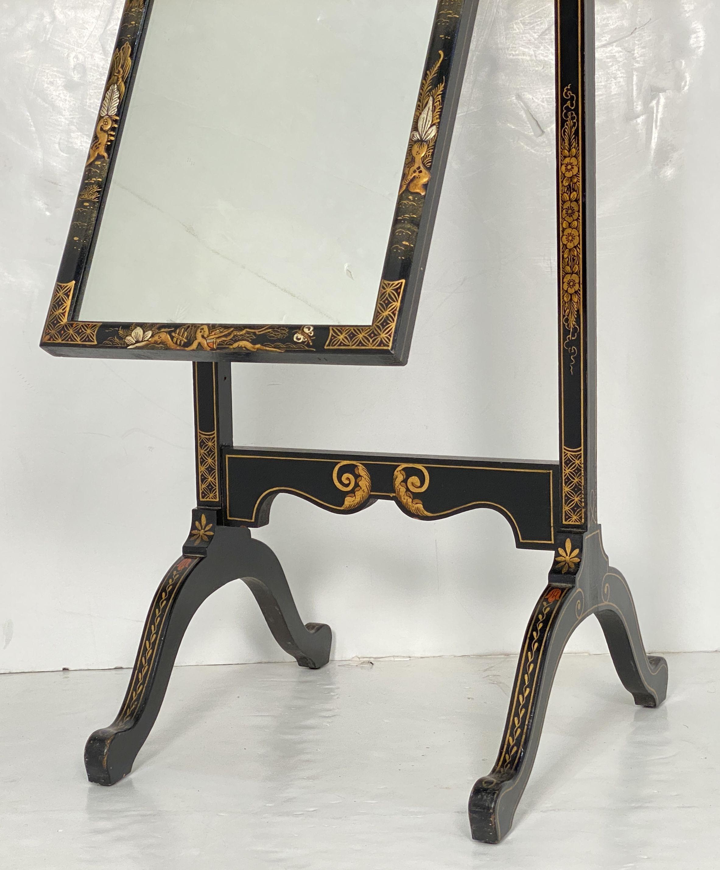 Chinoiserie Cheval Mirror with Black Lacquered Frame from England 6
