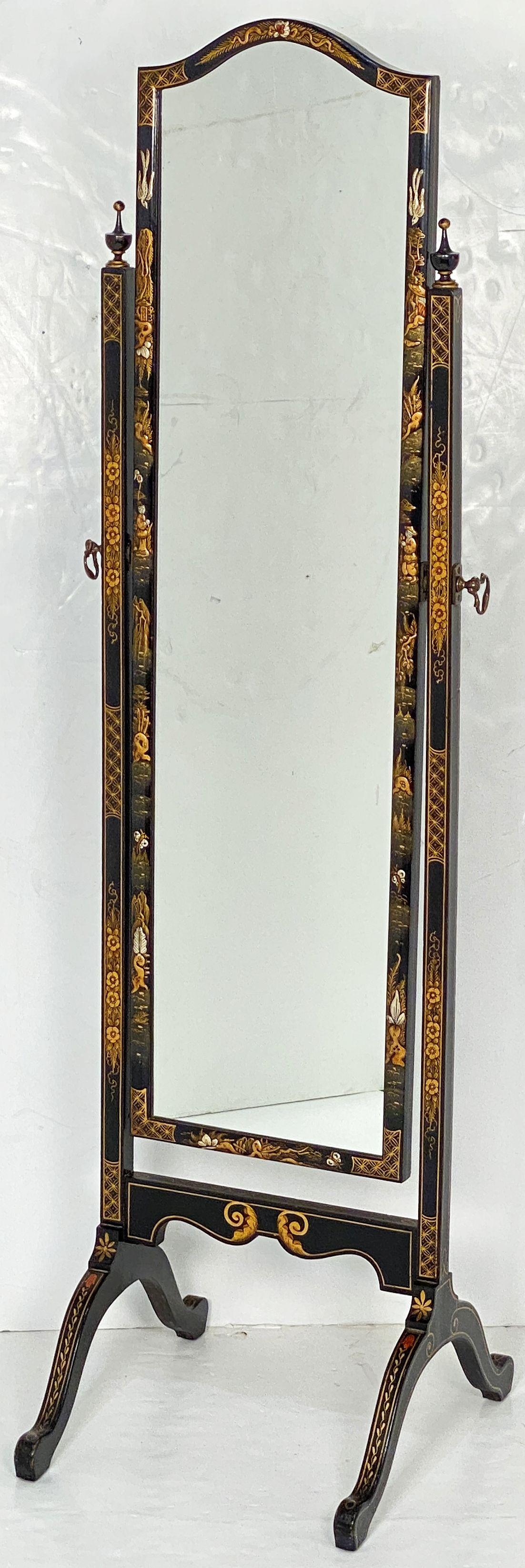 Chinoiserie Cheval Mirror with Black Lacquered Frame from England 7