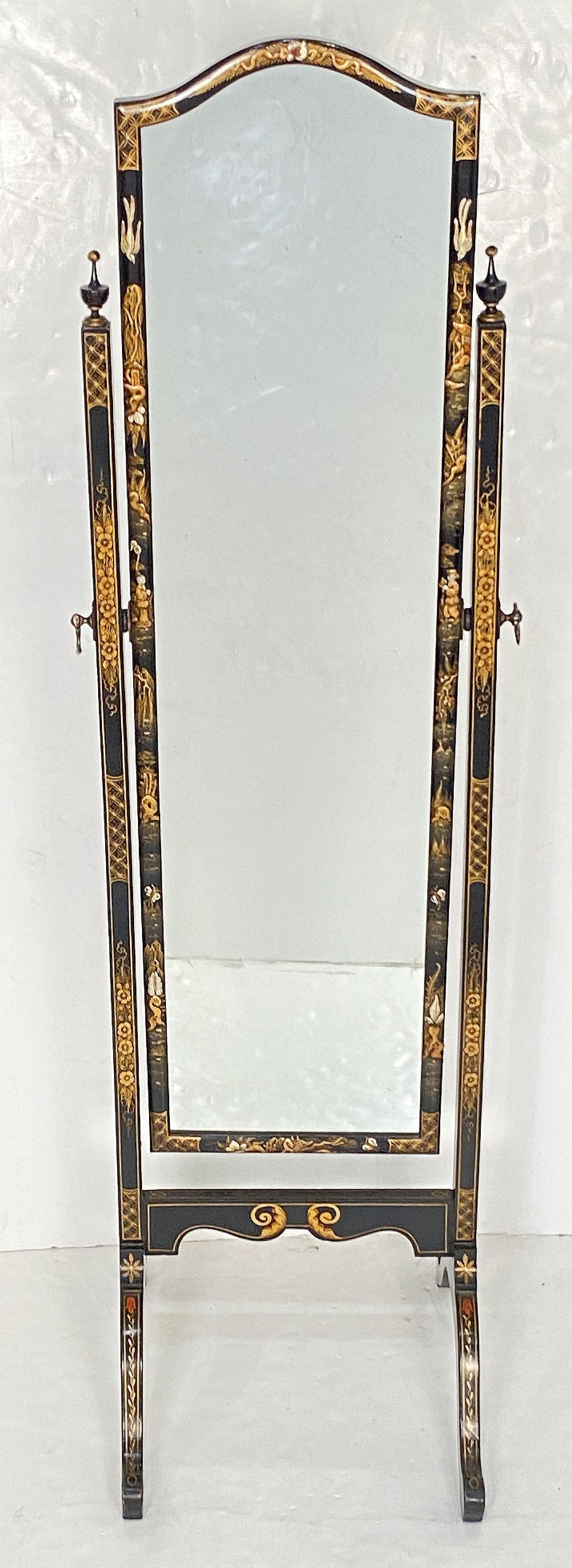 English Chinoiserie Cheval Mirror with Black Lacquered Frame from England