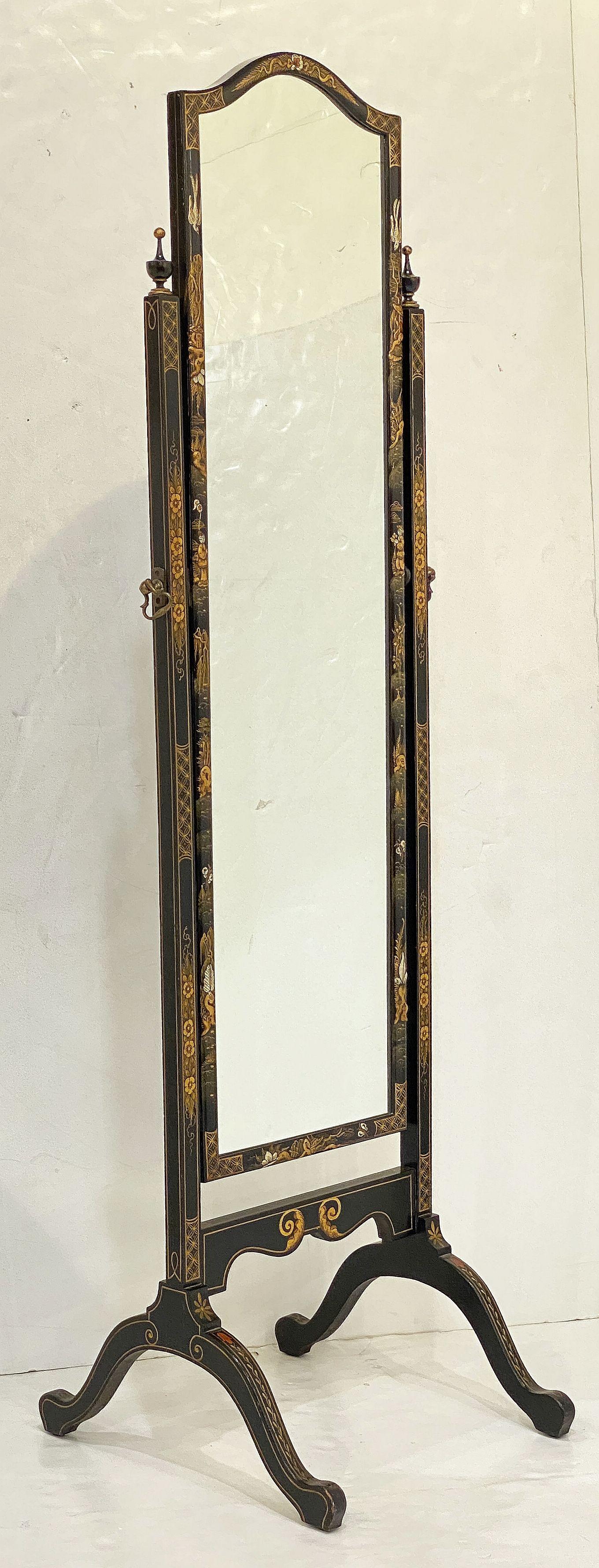 Chinoiserie Cheval Mirror with Black Lacquered Frame from England In Good Condition In Austin, TX