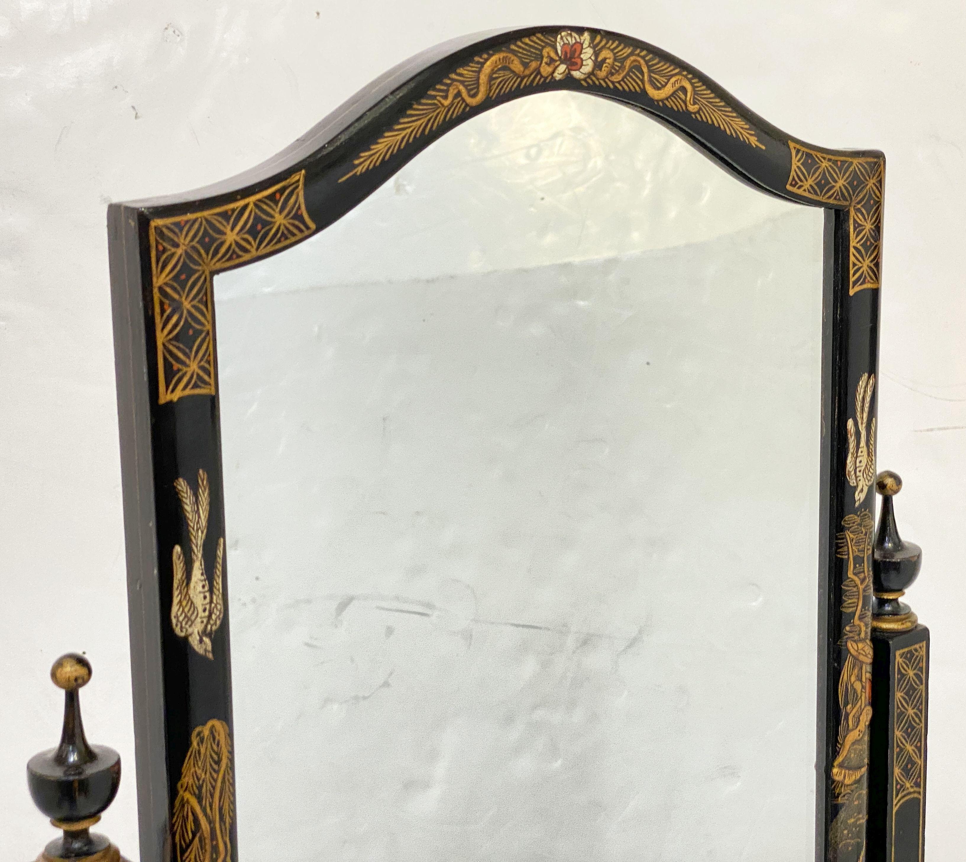 19th Century Chinoiserie Cheval Mirror with Black Lacquered Frame from England