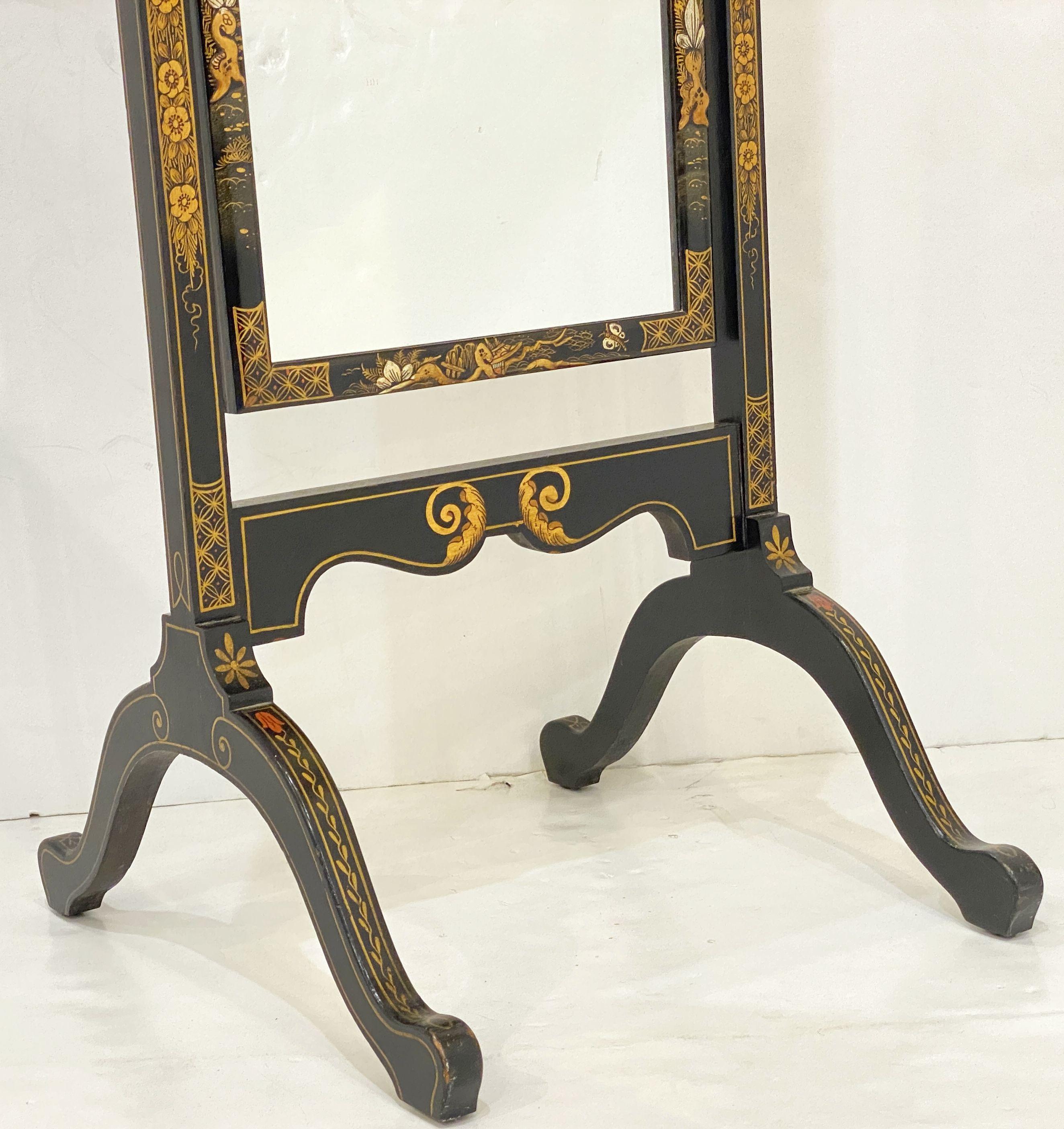 Metal Chinoiserie Cheval Mirror with Black Lacquered Frame from England