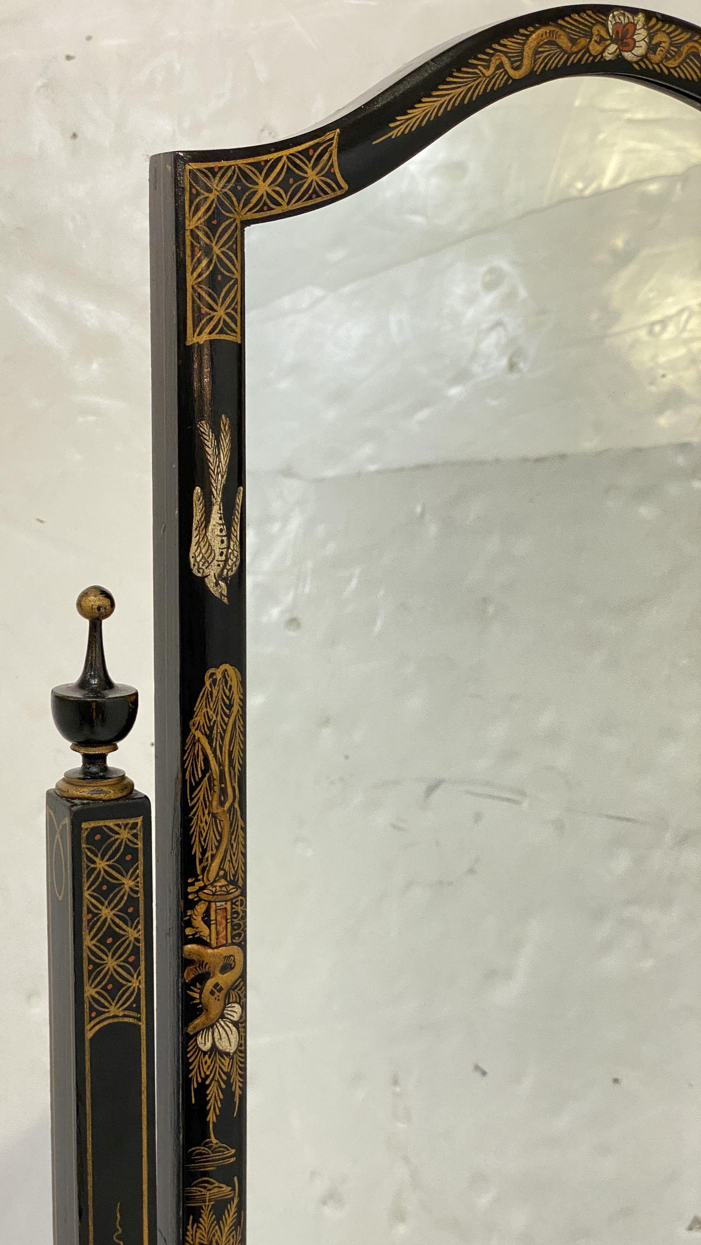 Chinoiserie Cheval Mirror with Black Lacquered Frame from England 1