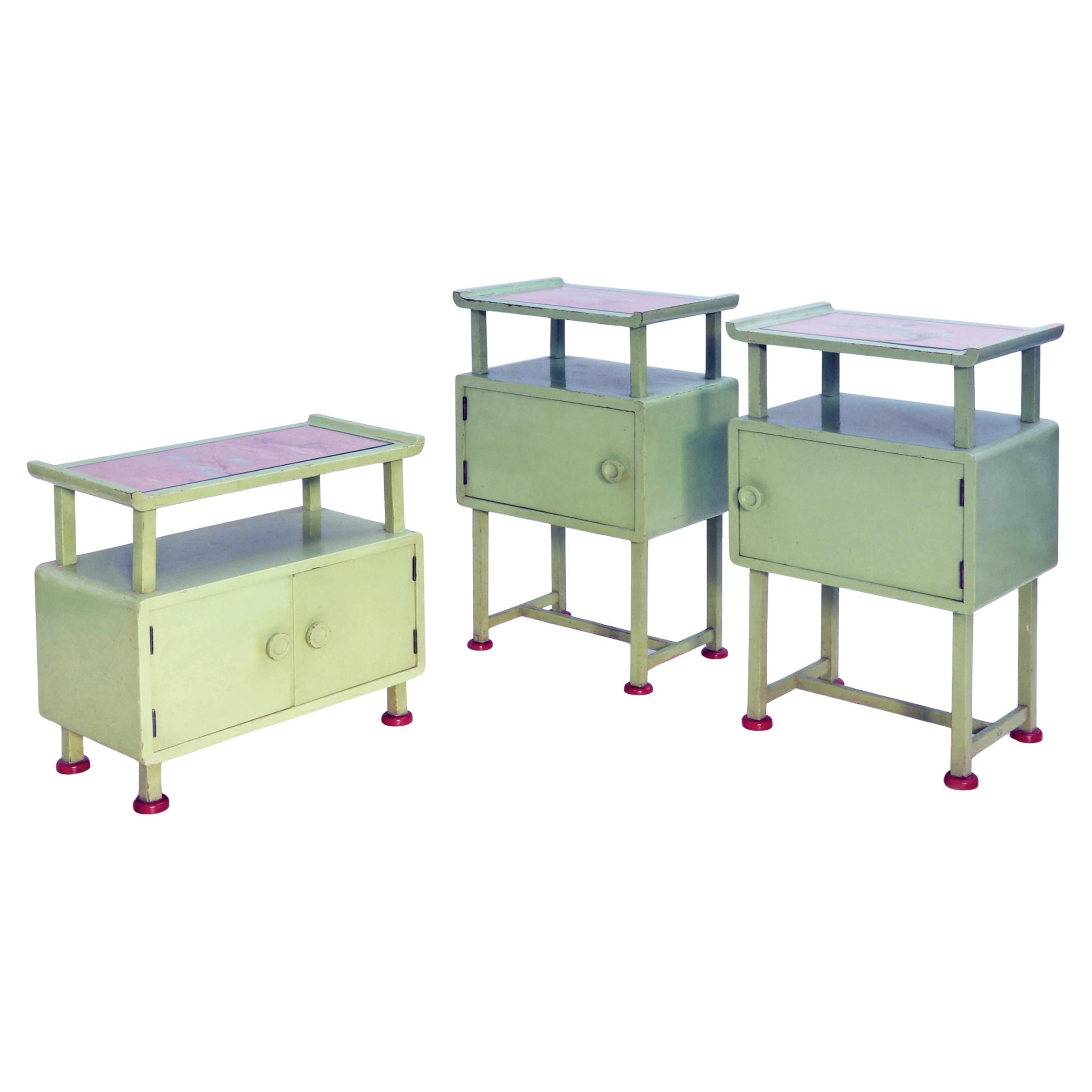 Chinoiserie Children's Bedroom Cabinets, Painted Wood And Glass, Germany, 1920