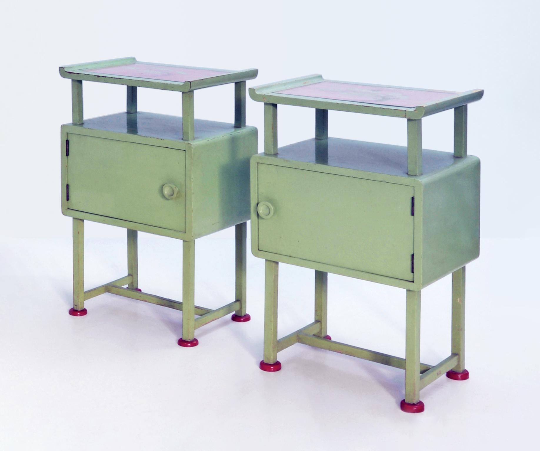 Hand-Painted Chinoiserie Children's Bedroom Cabinets, Painted Wood And Glass, Germany, 1920 For Sale