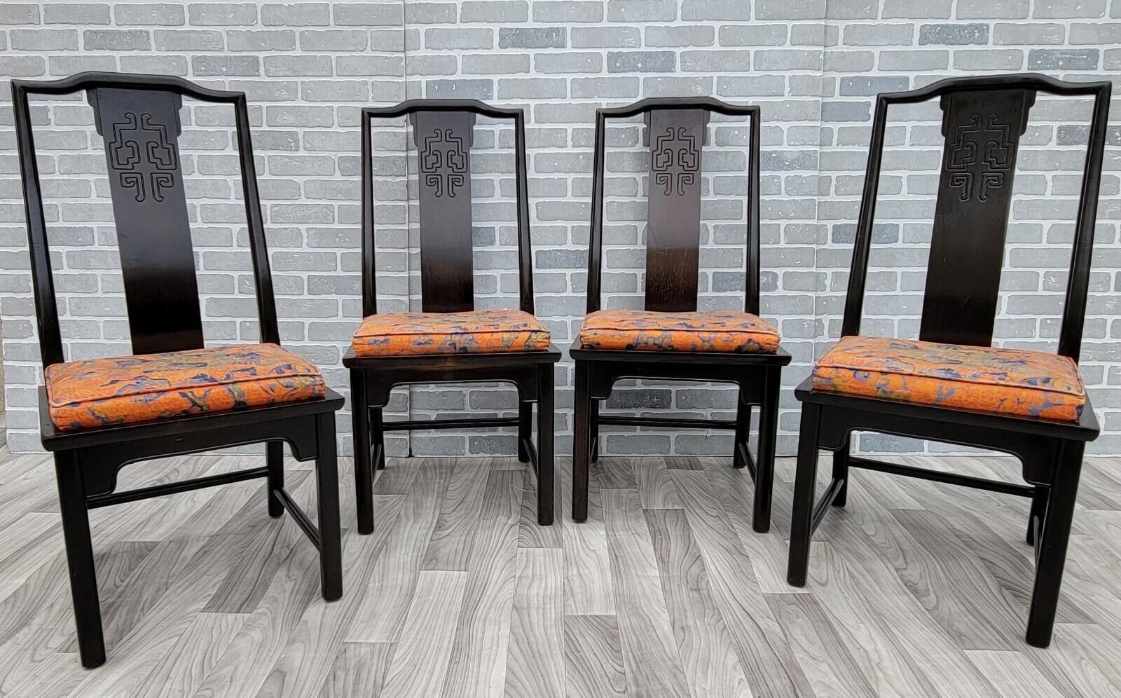 Fabric Chinoiserie Chin Hua Ebonized Dining Set by Raymond K. Sobota, 8 Piece Set For Sale