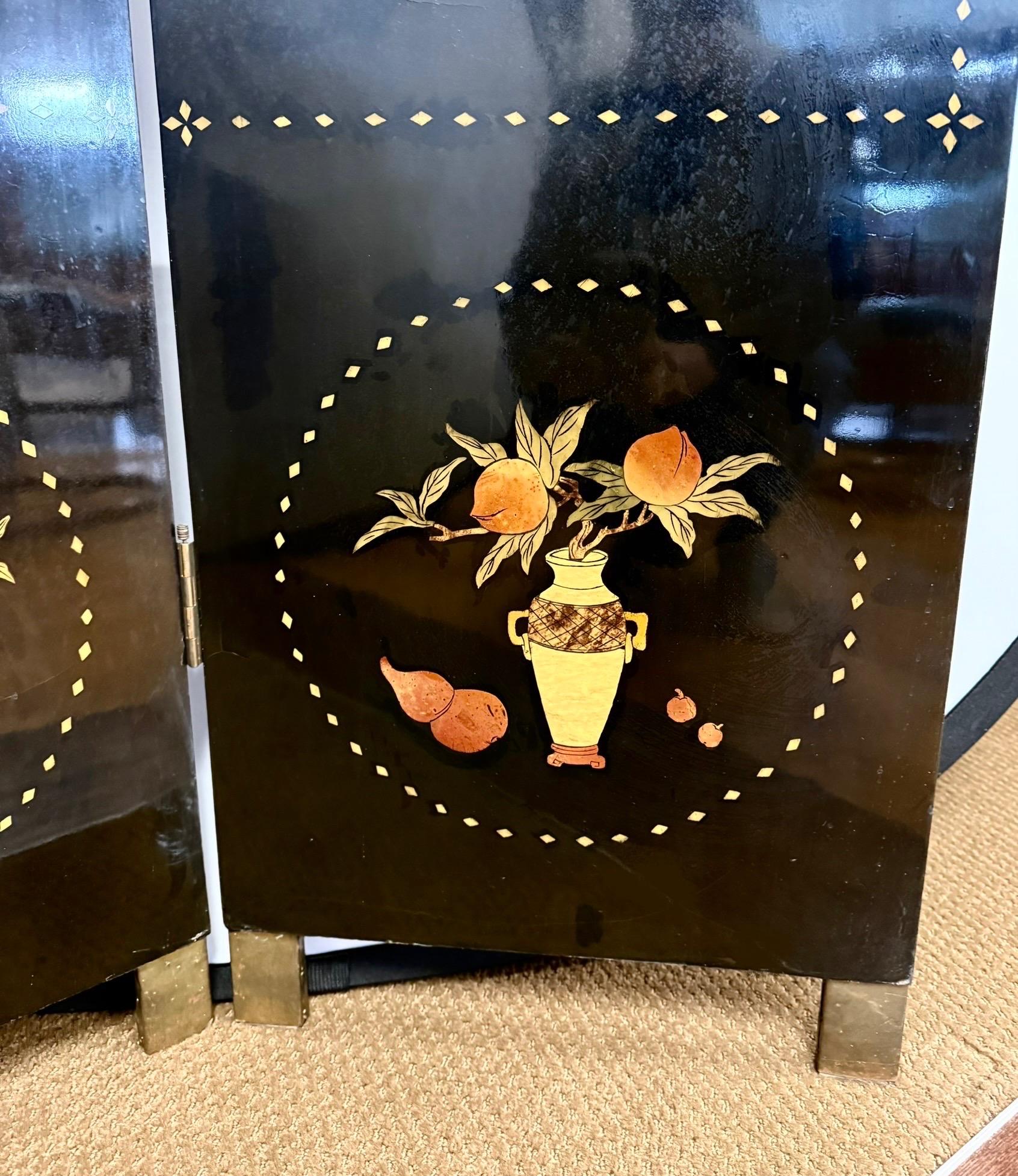 20th Century Chinoiserie Chinese Black Lacquered Hand Painted Four Panel Asian Screen Divider For Sale