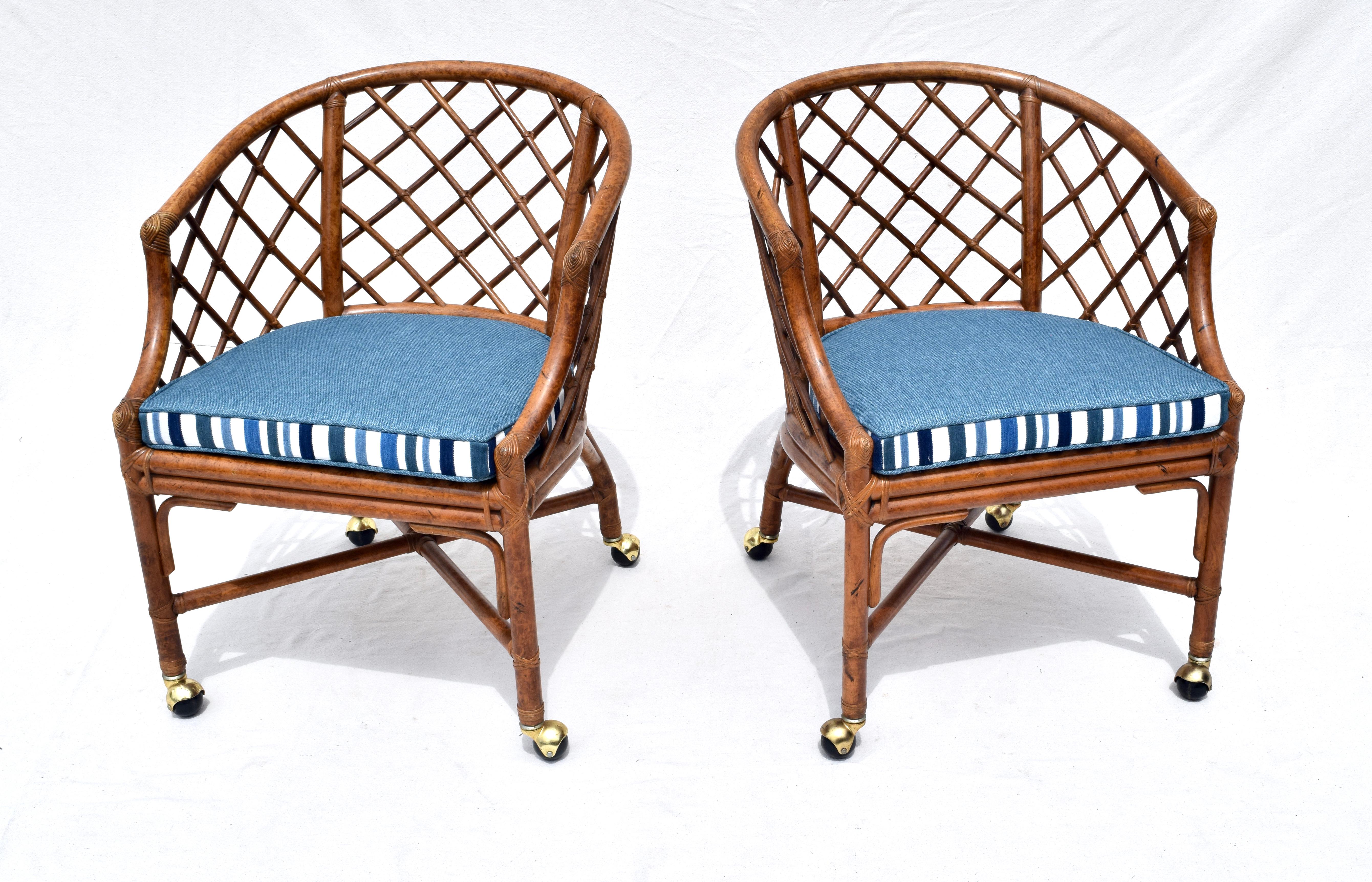 Chinoiserie Chinese Chippendale Rattan and Caned Barrel Chairs on Casters 4