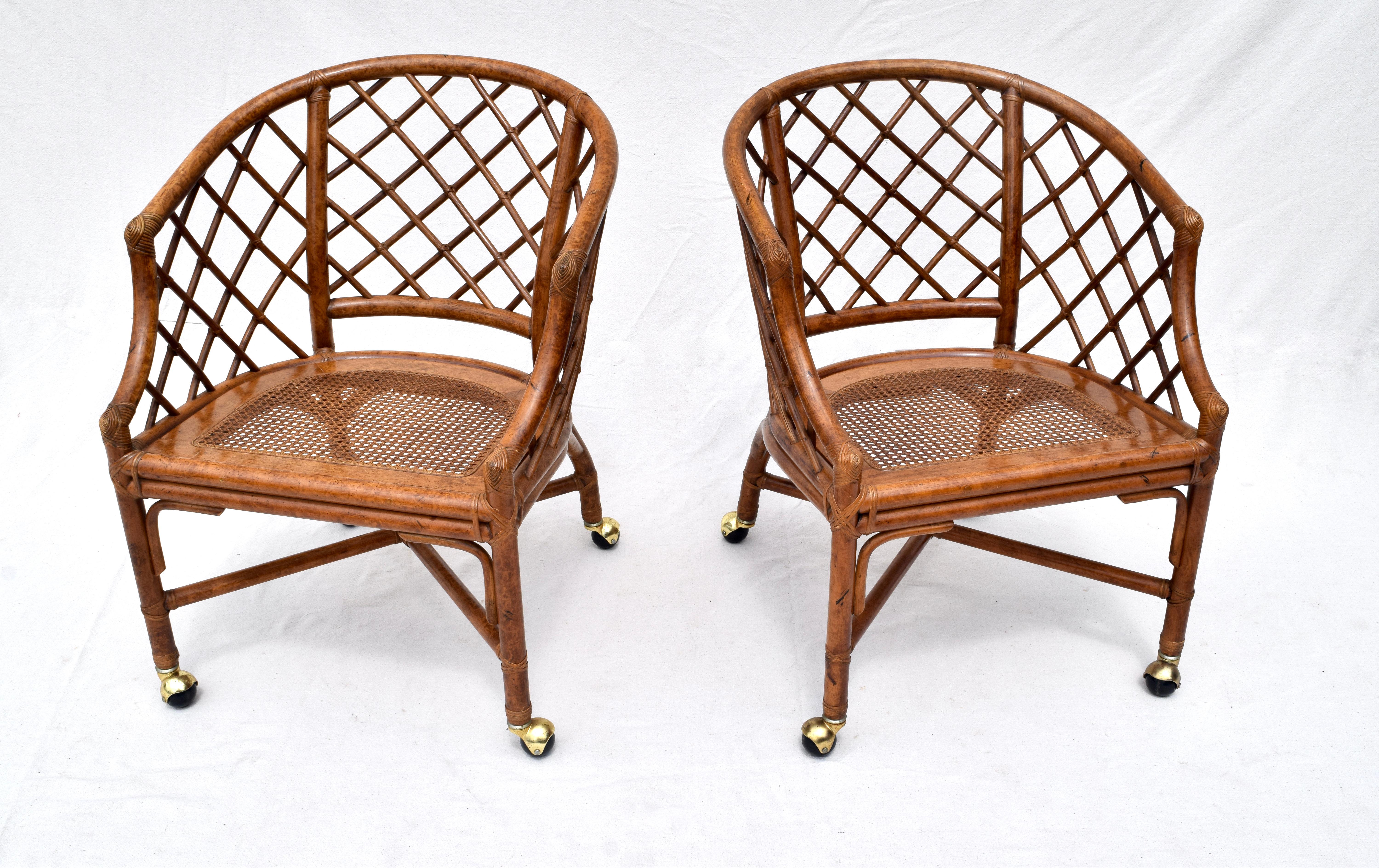 Chinoiserie Chinese Chippendale Rattan and Caned Barrel Chairs on Casters 5