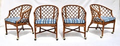 Chinoiserie Chinese Chippendale Rattan and Caned Barrel Chairs on Casters