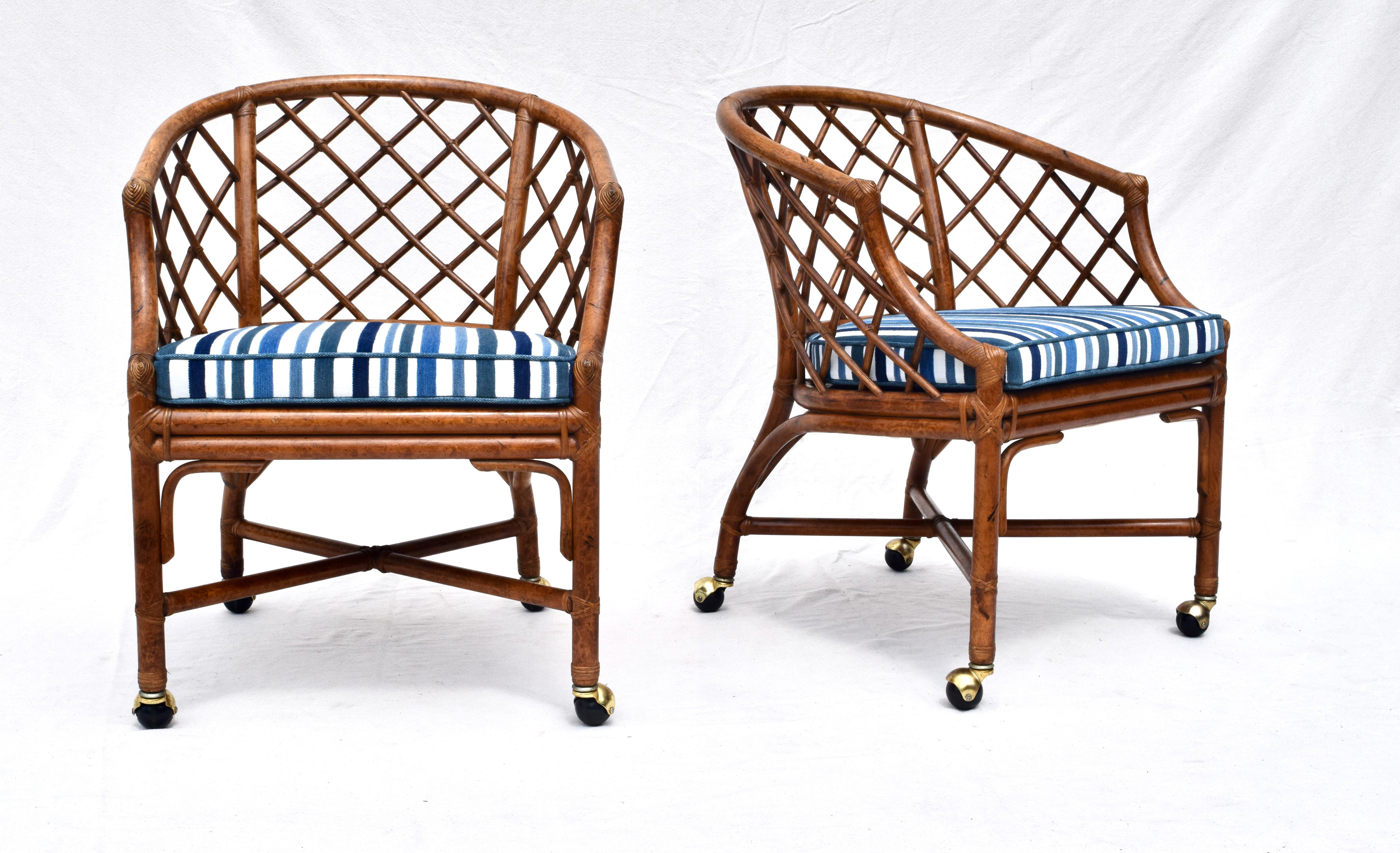 Chinoiserie Chinese Chippendale Rattan and Caned Barrel Chairs on Casters In Good Condition In Southampton, NJ