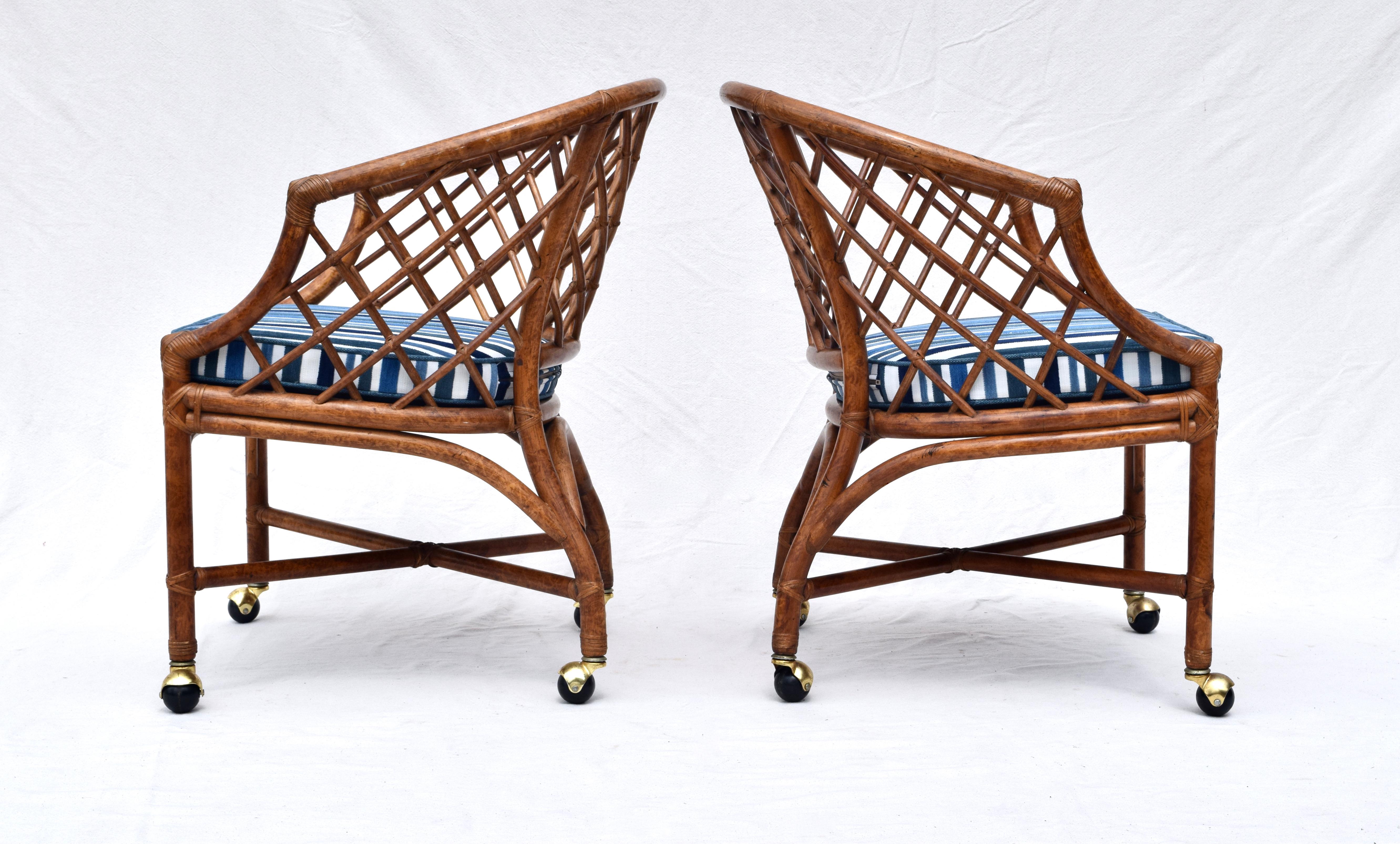 Late 20th Century Chinoiserie Chinese Chippendale Rattan and Caned Barrel Chairs on Casters