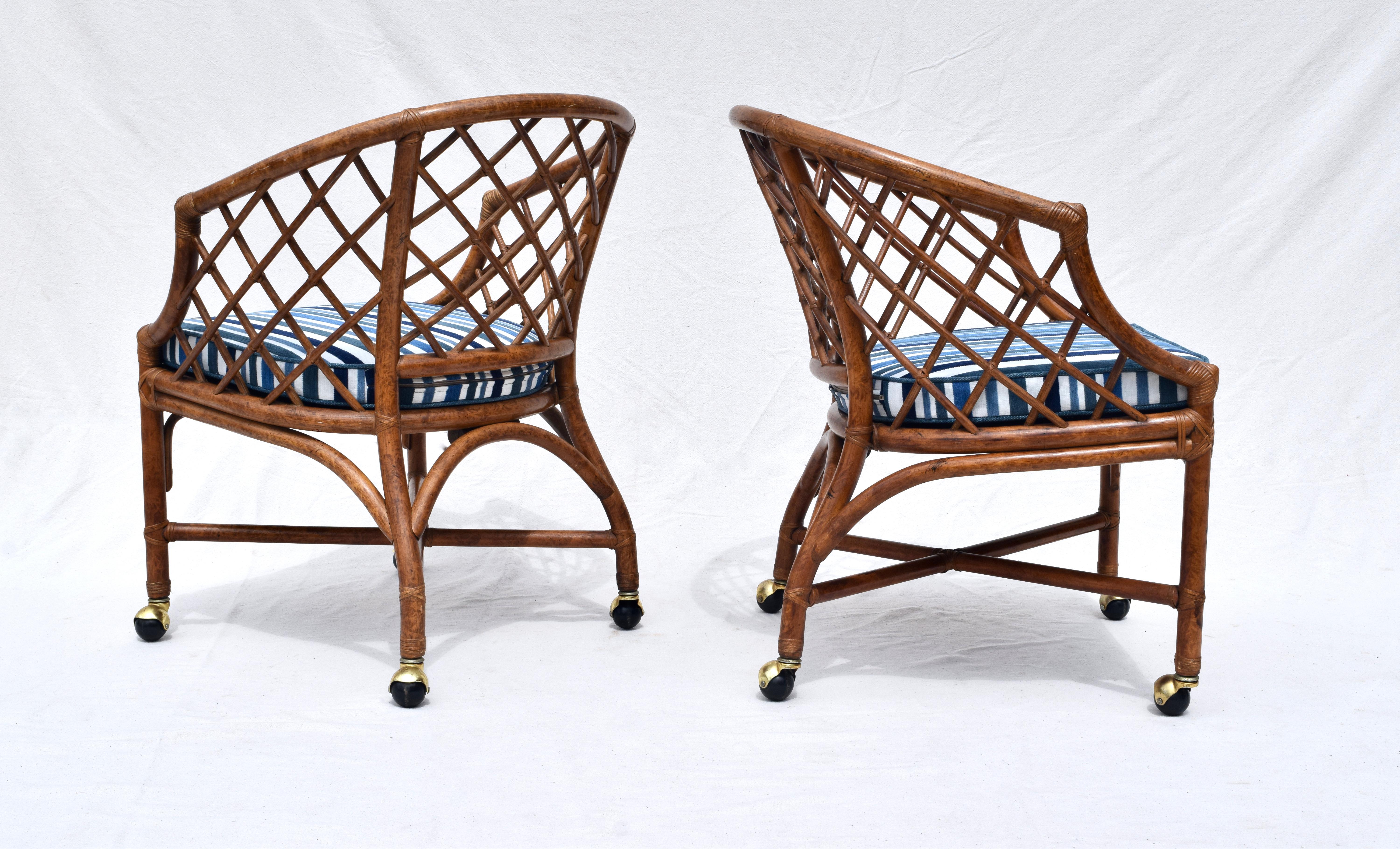 Linen Chinoiserie Chinese Chippendale Rattan and Caned Barrel Chairs on Casters