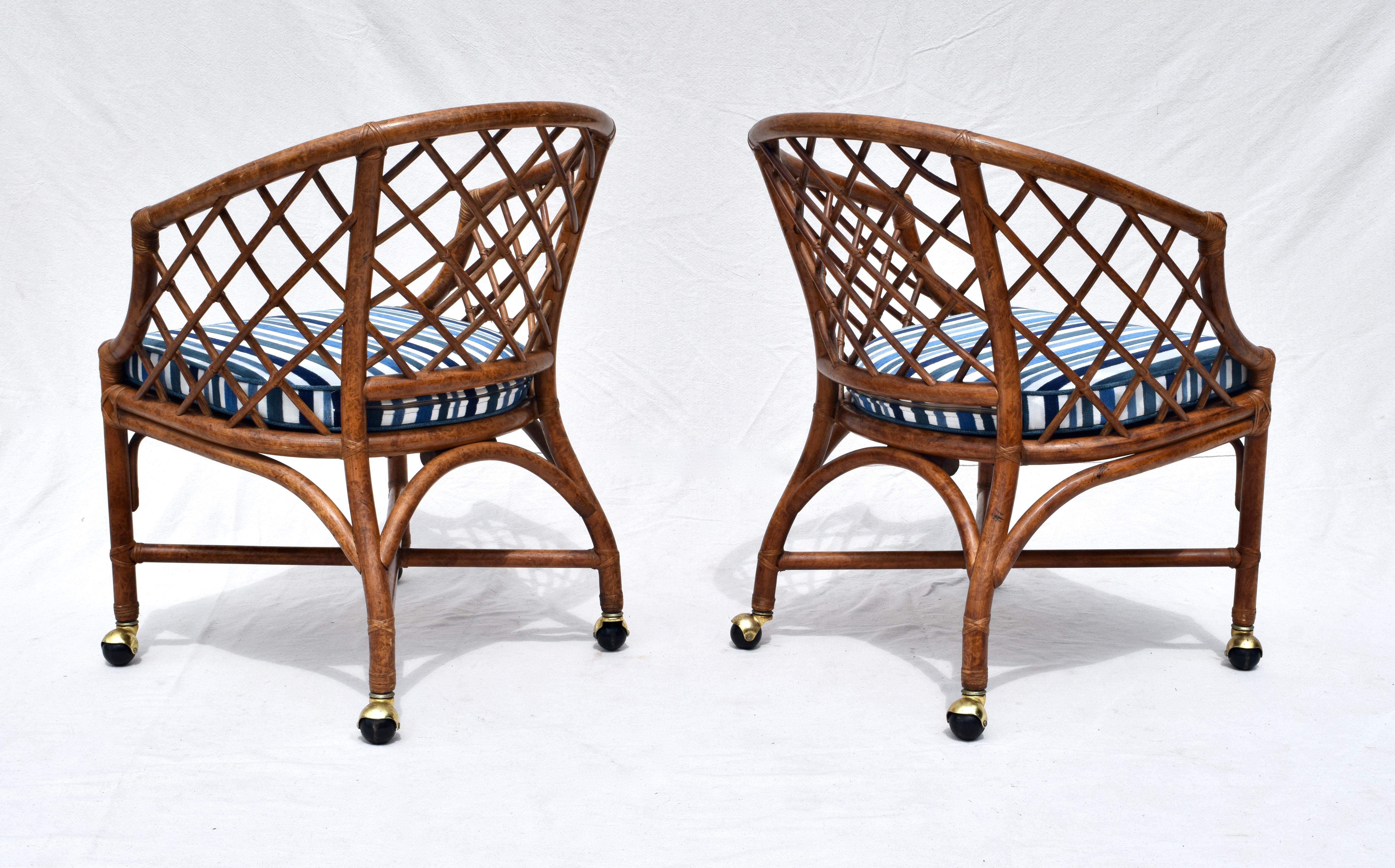 Chinoiserie Chinese Chippendale Rattan and Caned Barrel Chairs on Casters 1