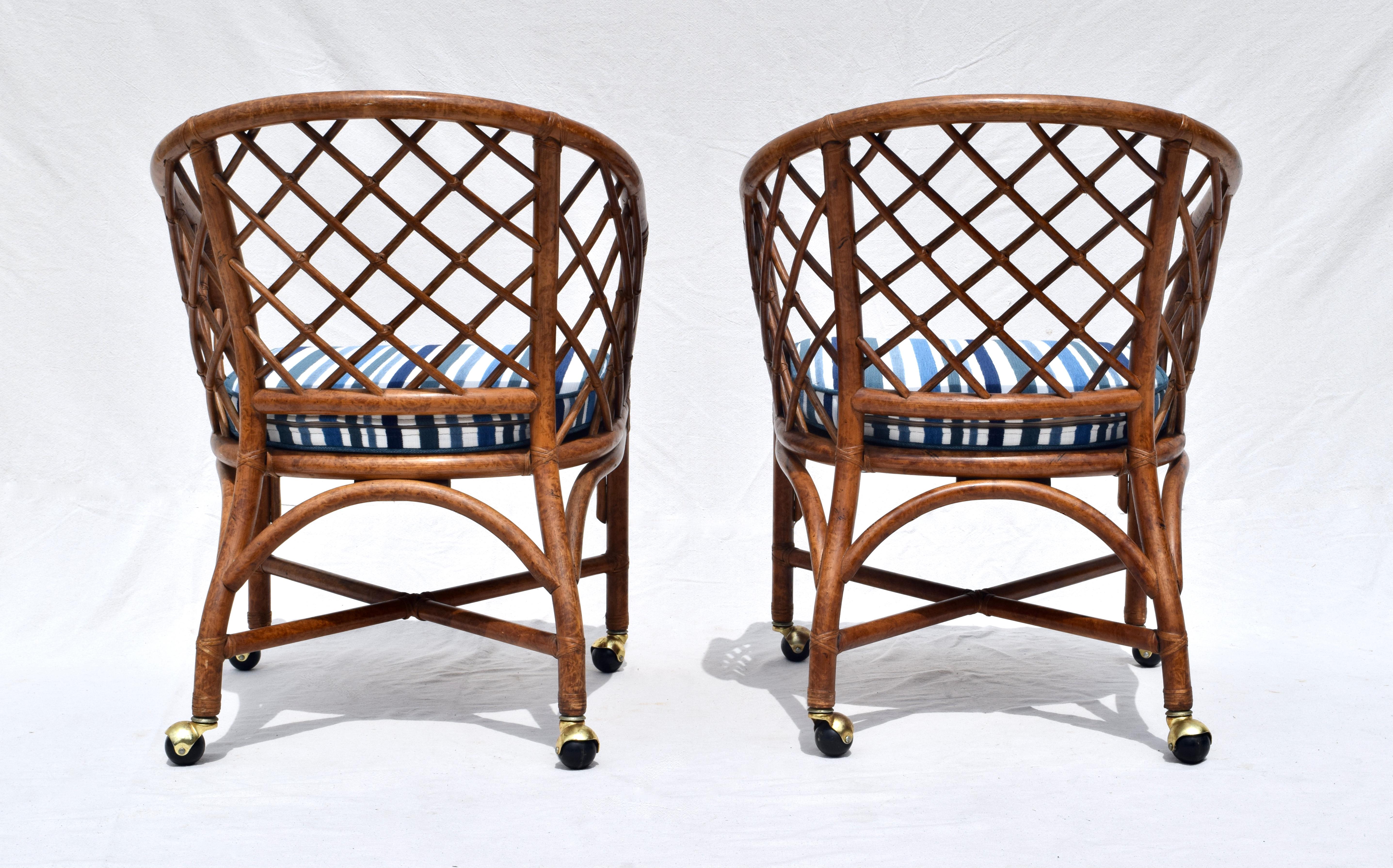 Chinoiserie Chinese Chippendale Rattan and Caned Barrel Chairs on Casters 2