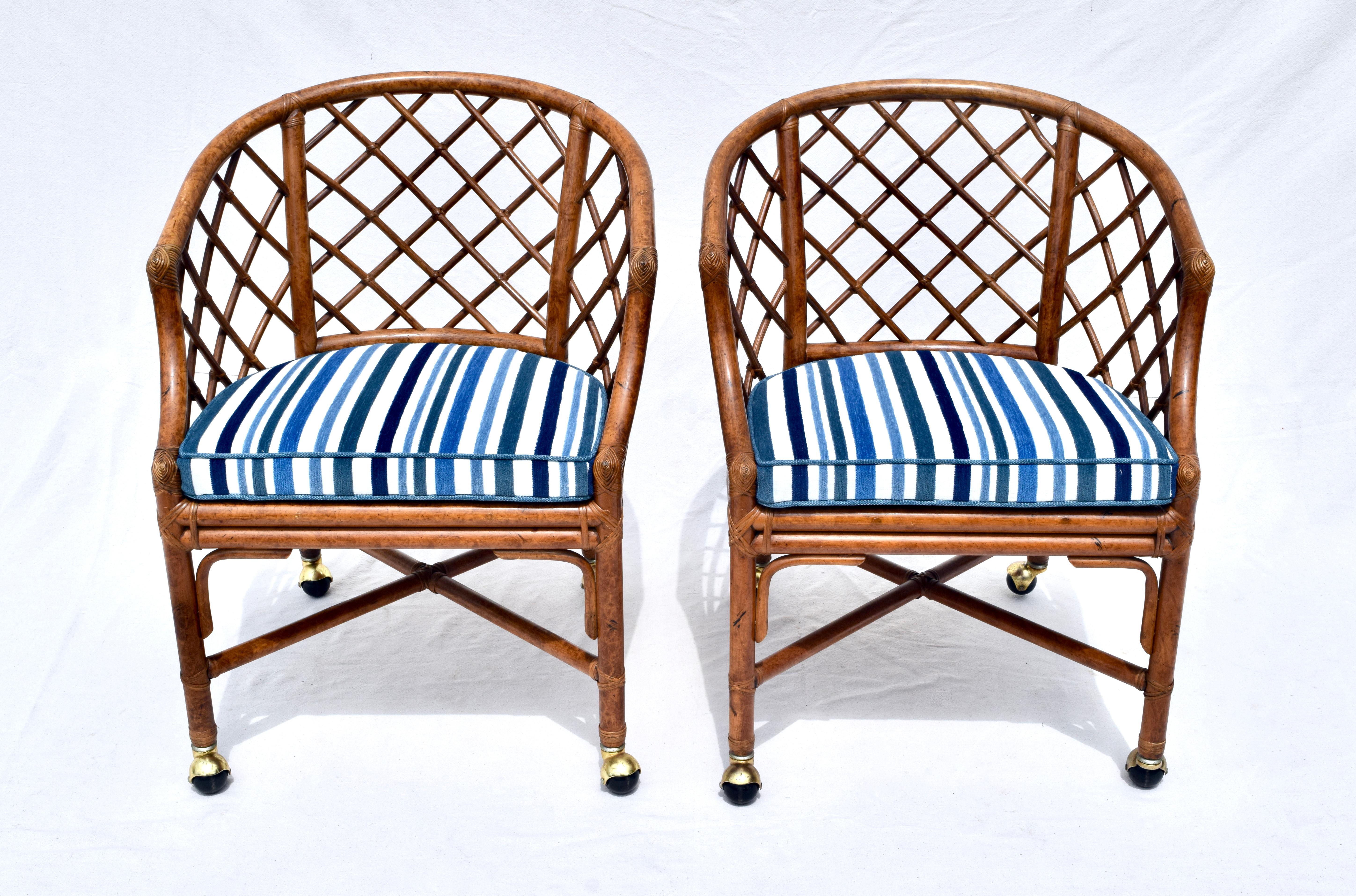 Chinoiserie Chinese Chippendale Rattan and Caned Barrel Chairs on Casters 3