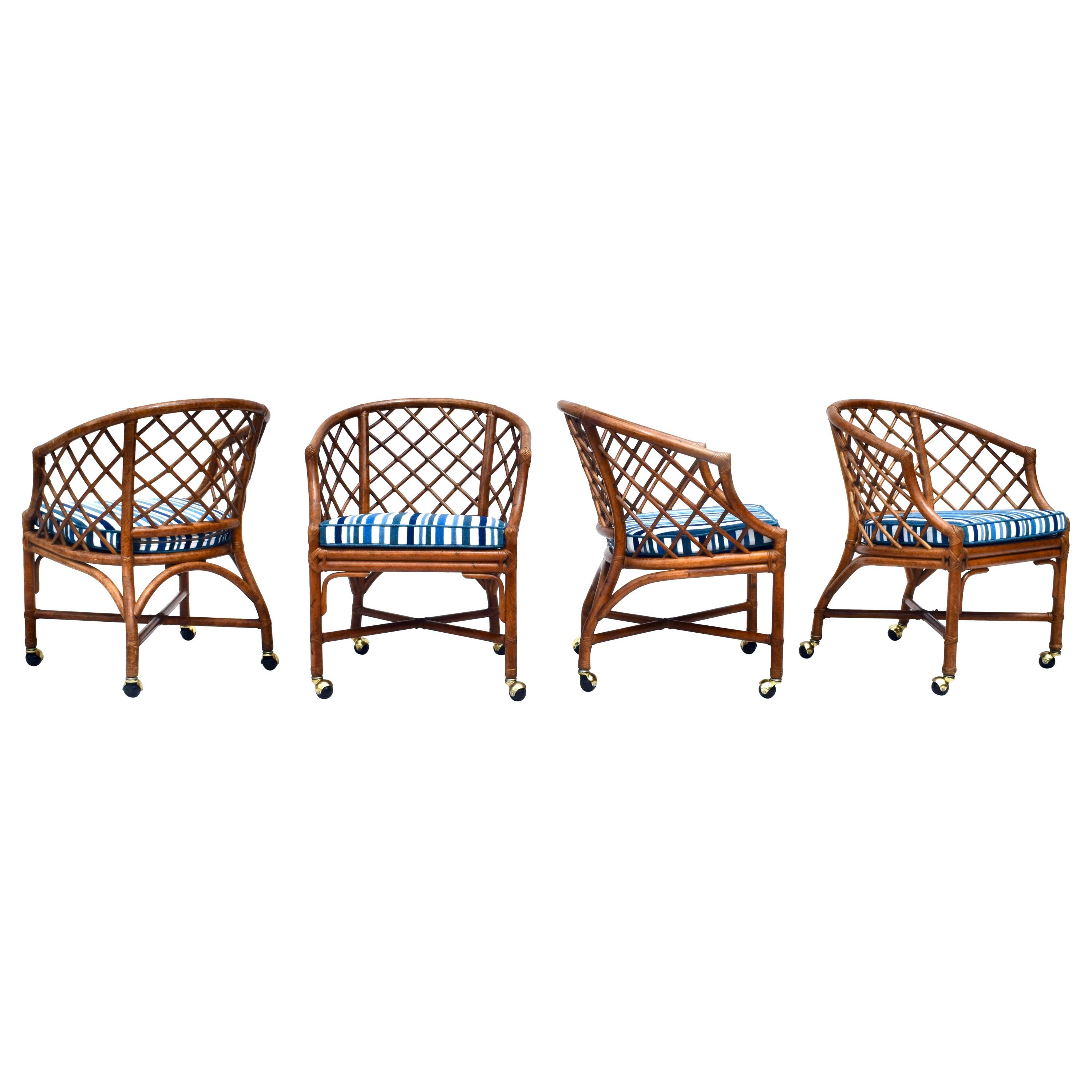 Chinoiserie Chinese Chippendale Rattan and Caned Barrel Chairs on Casters