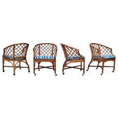 Retro Chinoiserie Chinese Chippendale Rattan and Caned Barrel Chairs on Casters