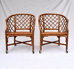 Chinoiserie Chinese Chippendale Rattan and Caned Barrel Chairs on Casters