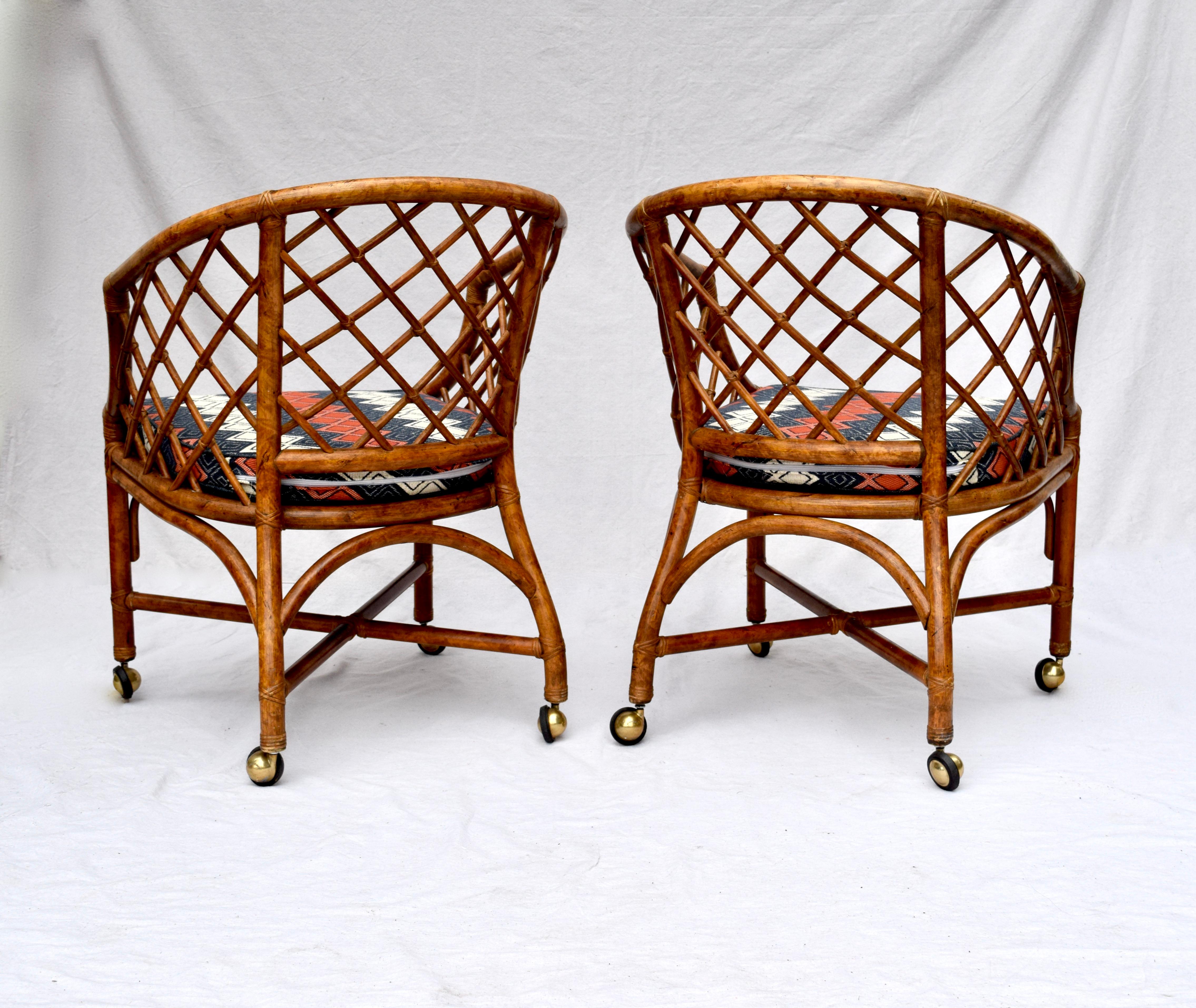 American Chinoiserie Chinese Chippendale Rattan and Caned Barrel Chairs on Casters
