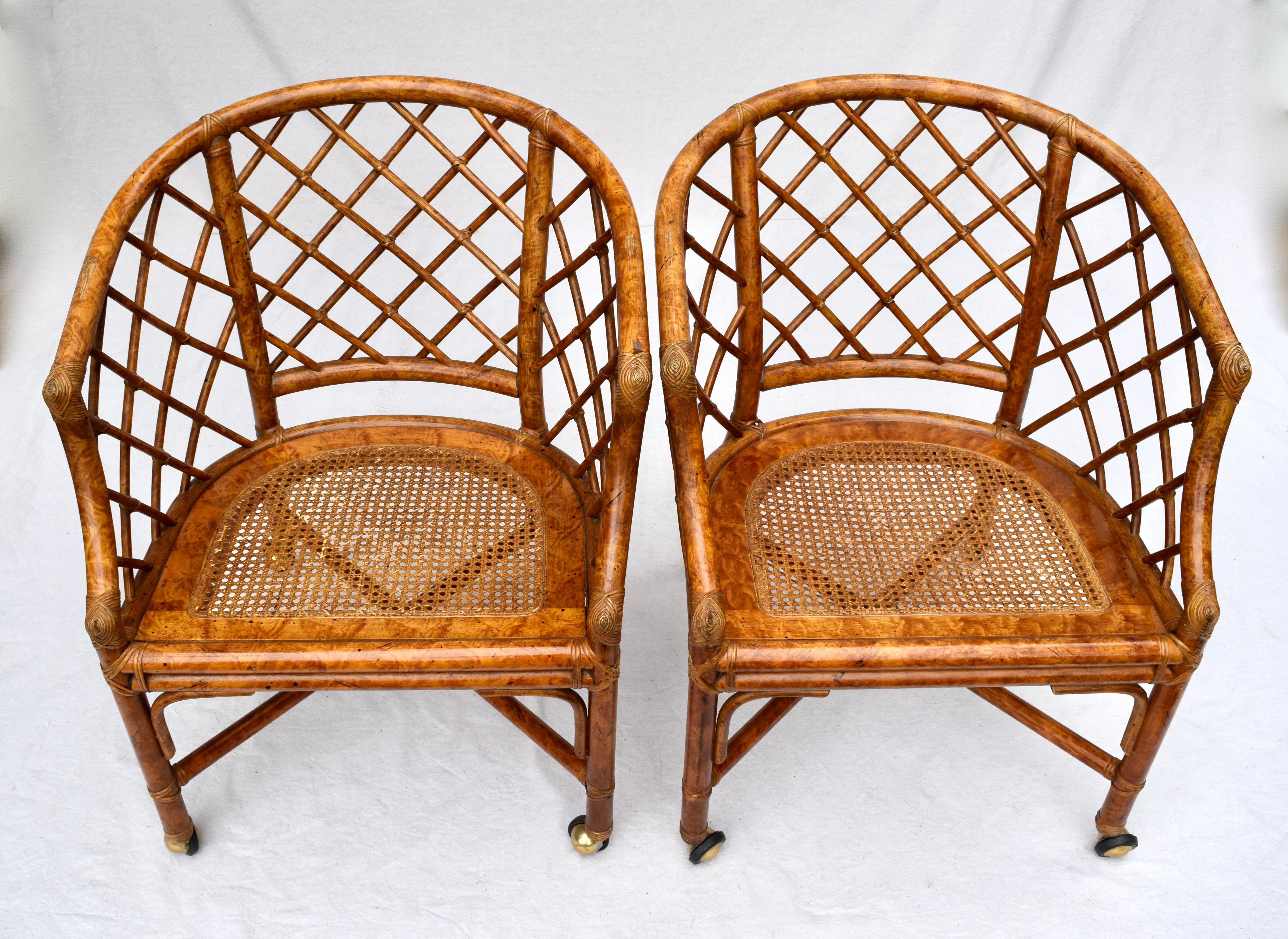 Brass Chinoiserie Chinese Chippendale Rattan and Caned Barrel Chairs on Casters