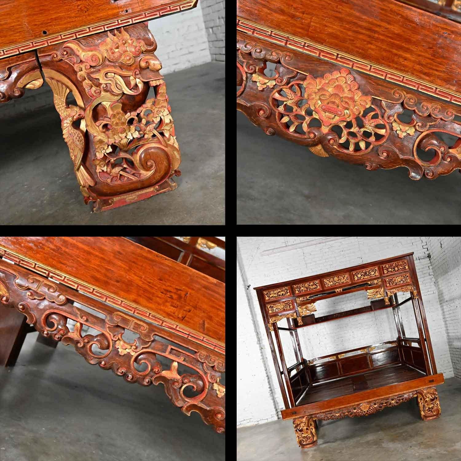 Chinoiserie Chinese Elm Wedding Opium Canopy Queen Bed Hand Carved Asian Design  For Sale 4