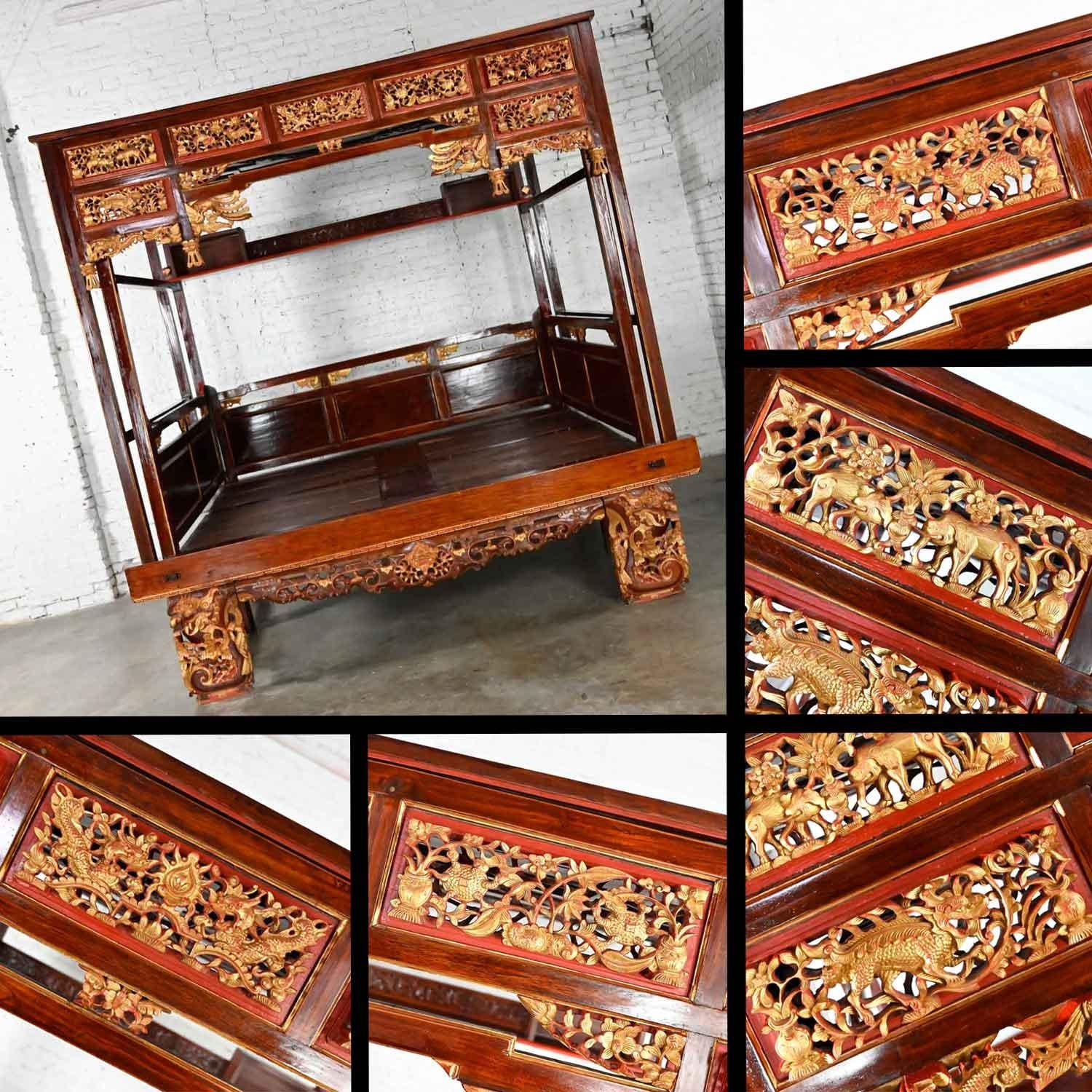 Chinoiserie Chinese Elm Wedding Opium Canopy Queen Bed Hand Carved Asian Design  For Sale 10