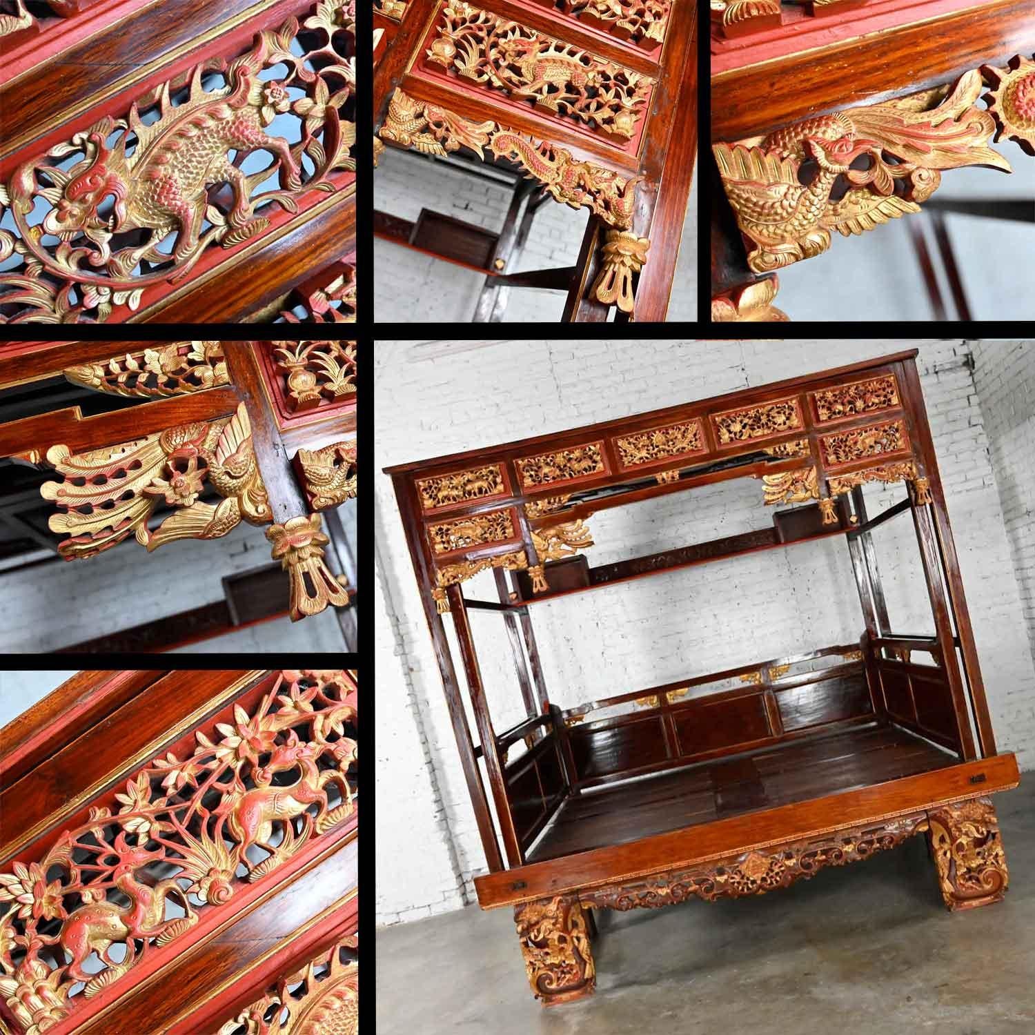 Chinoiserie Chinese Elm Wedding Opium Canopy Queen Bed Hand Carved Asian Design  For Sale 11