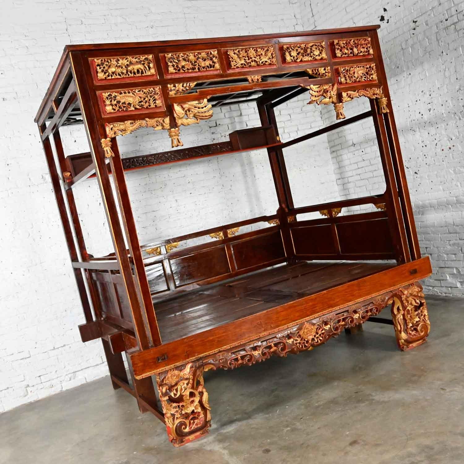 Chinoiserie Chinese Elm Wedding Opium Canopy Queen Bed Hand Carved Asian Design  For Sale 12