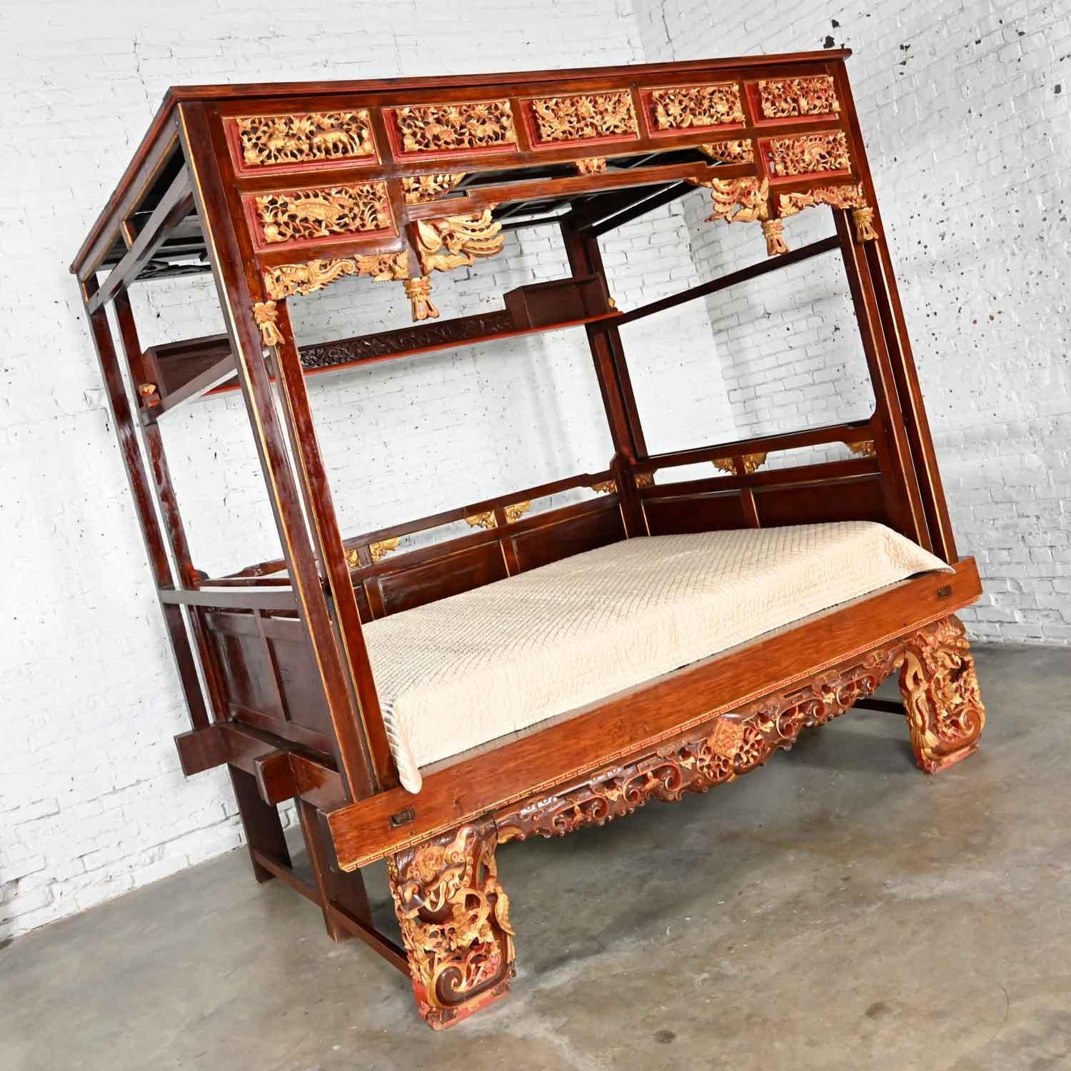 Chinoiserie Chinese Elm Wedding Opium Canopy Queen Bed Hand Carved Asian Design  In Good Condition For Sale In Topeka, KS