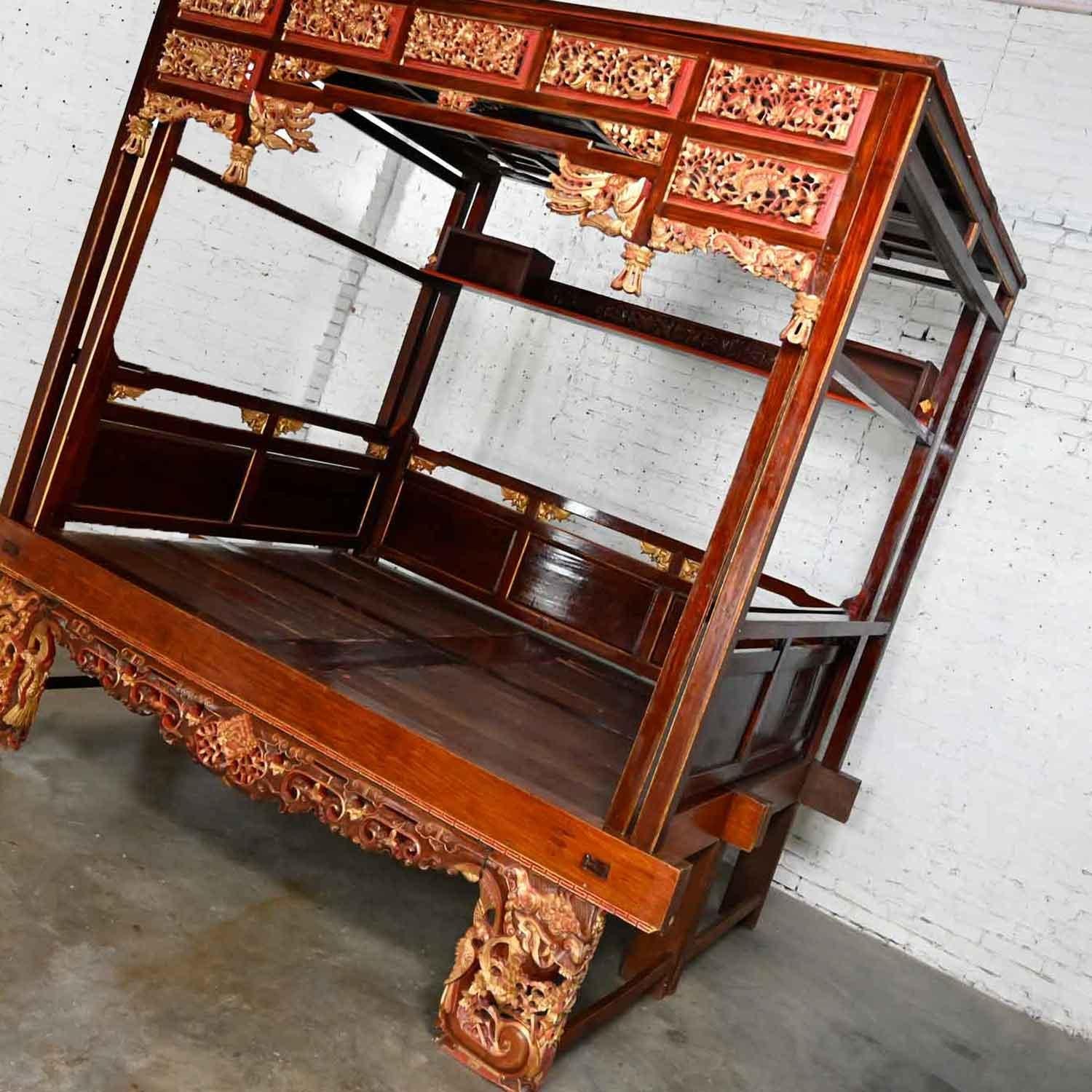 20th Century Chinoiserie Chinese Elm Wedding Opium Canopy Queen Bed Hand Carved Asian Design  For Sale