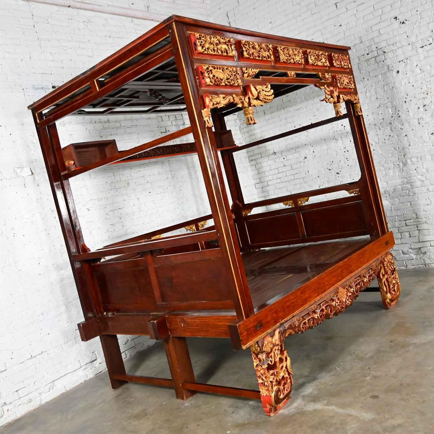 Wood Chinoiserie Chinese Elm Wedding Opium Canopy Queen Bed Hand Carved Asian Design  For Sale