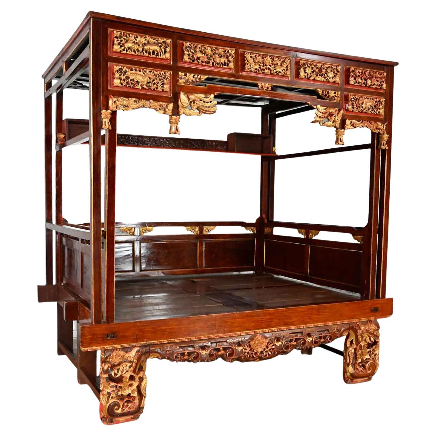 Chinoiserie Chinese Elm Wedding Opium Canopy Queen Bed Hand Carved Asian Design 