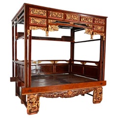 Used Chinoiserie Chinese Elm Wedding Opium Canopy Queen Bed Hand Carved Asian Design 
