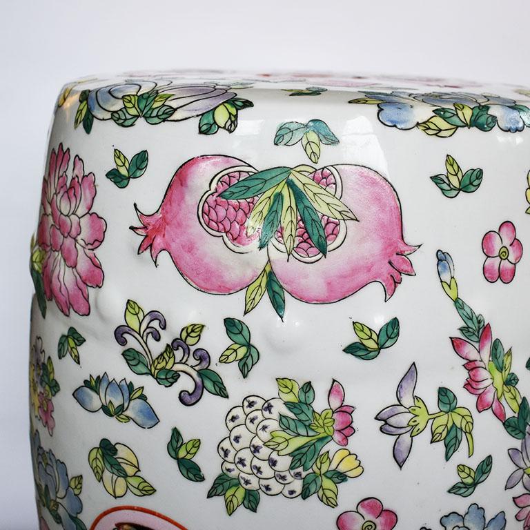 Chinese Chinoiserie Famille Rose Pink Floral Porcelain Garden Stool Seat or Plant Stand