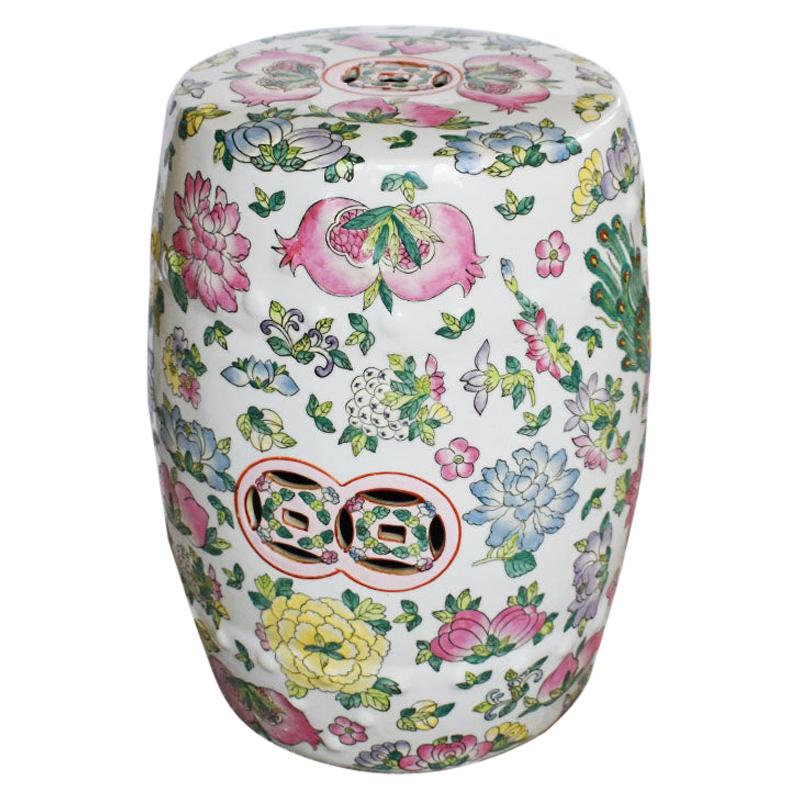 Chinoiserie Famille Rose Pink Floral Porcelain Garden Stool Seat or Plant Stand