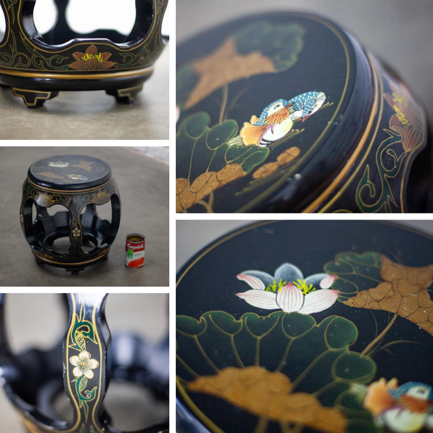Chinoiserie Taburete o mesa auxiliar de jardín chino Laca negra con detalles asiáticos en venta 4