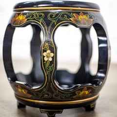Chinoiserie Chinese Garden Stool or Side Table Black Lacquer w/Asian Details