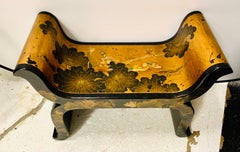 Chinoiserie Chinese Gold Leaf Hand Painted Black Lacquer Bench