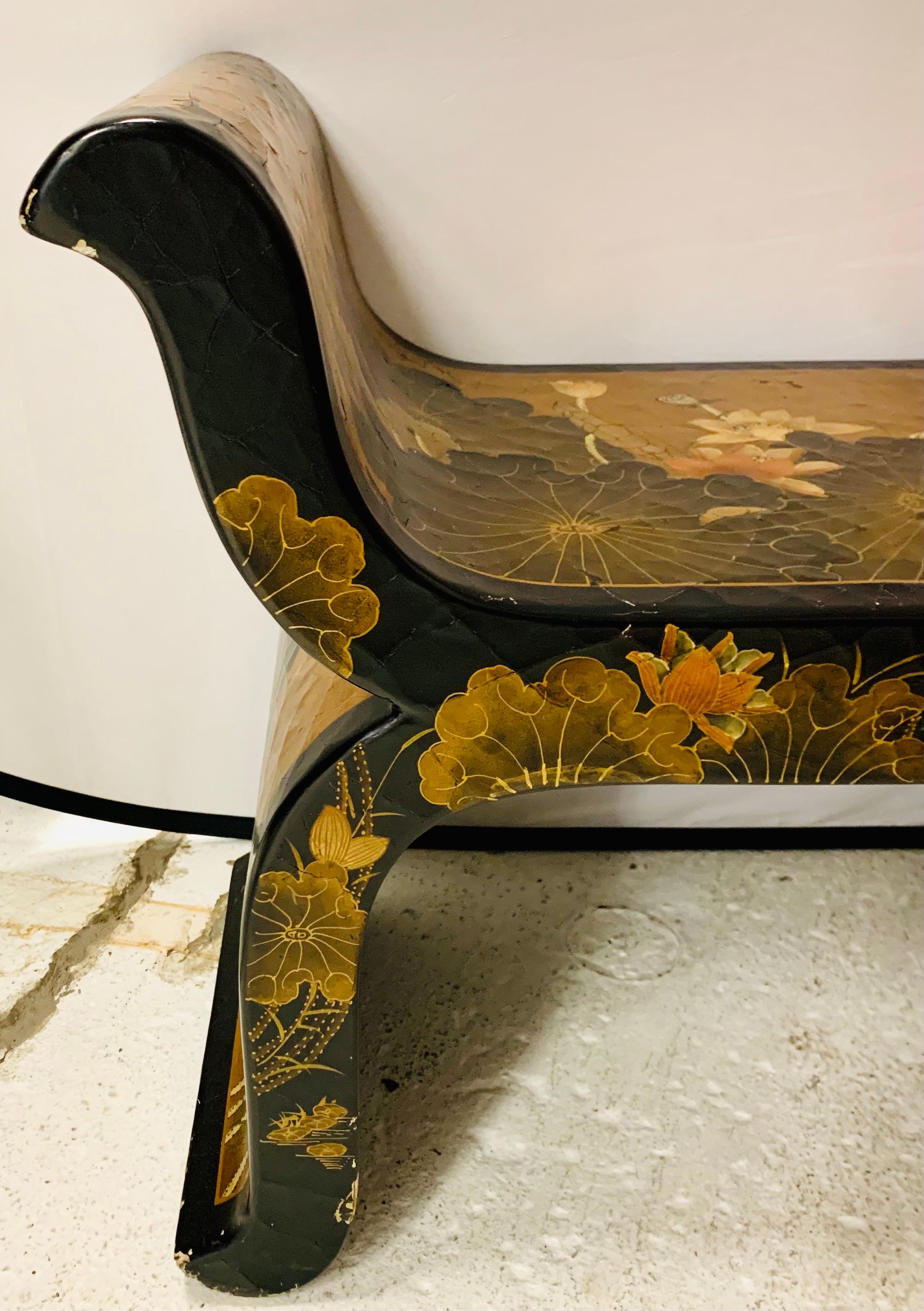 Chinoiserie Chinese Gold Leaf Hand Painted Black Lacquer Bench In Good Condition In West Hartford, CT