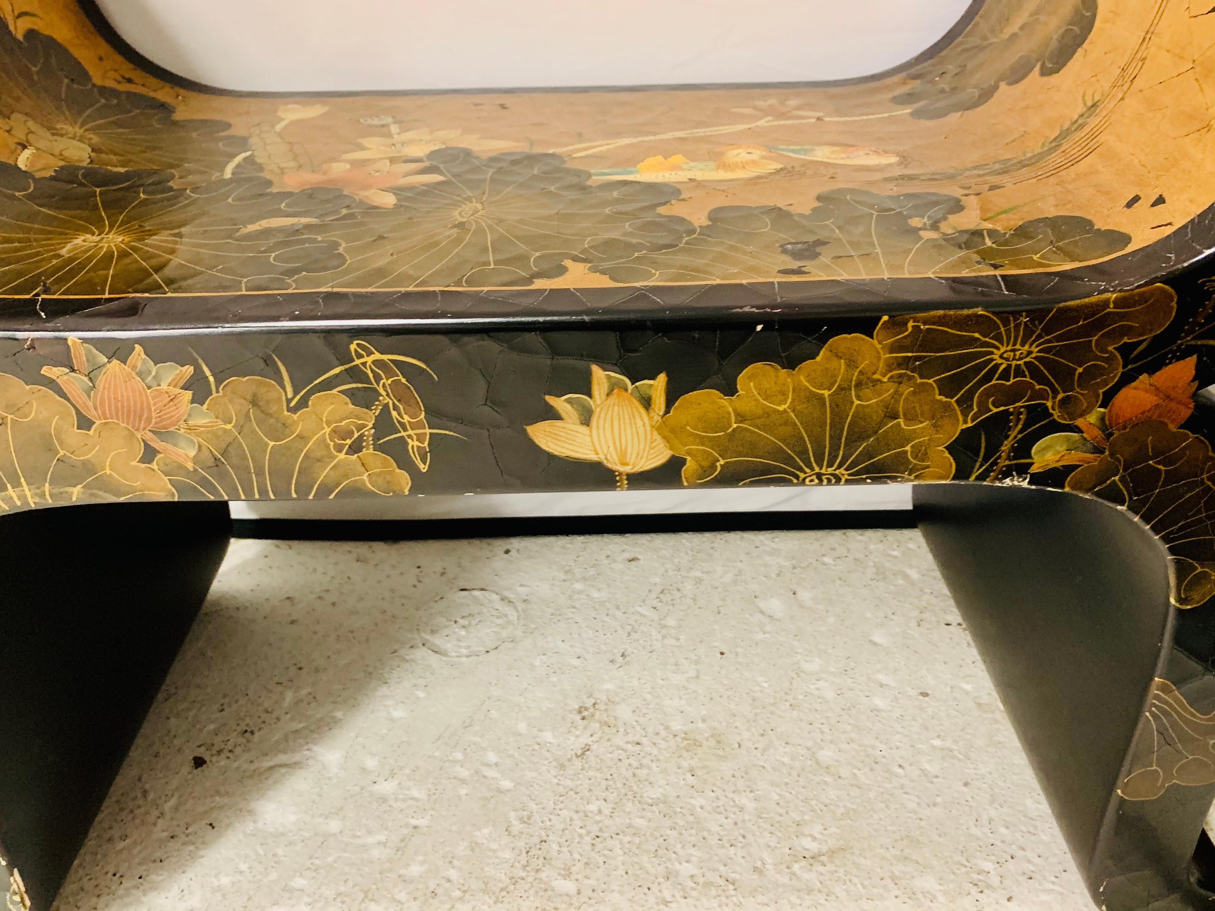 20th Century Chinoiserie Chinese Gold Leaf Hand Painted Black Lacquer Bench