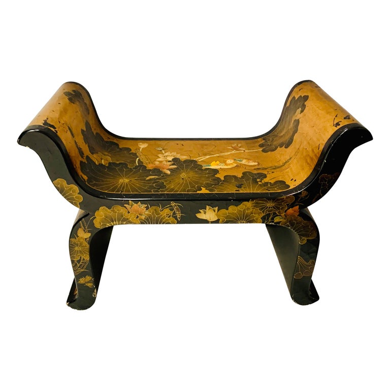 Chinoiserie Chinese Gold Leaf Hand Painted Black Lacquer Bench For Sale