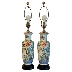 Chinoiserie Chinese Porcelain & Brass Vase Table Lamps Pair