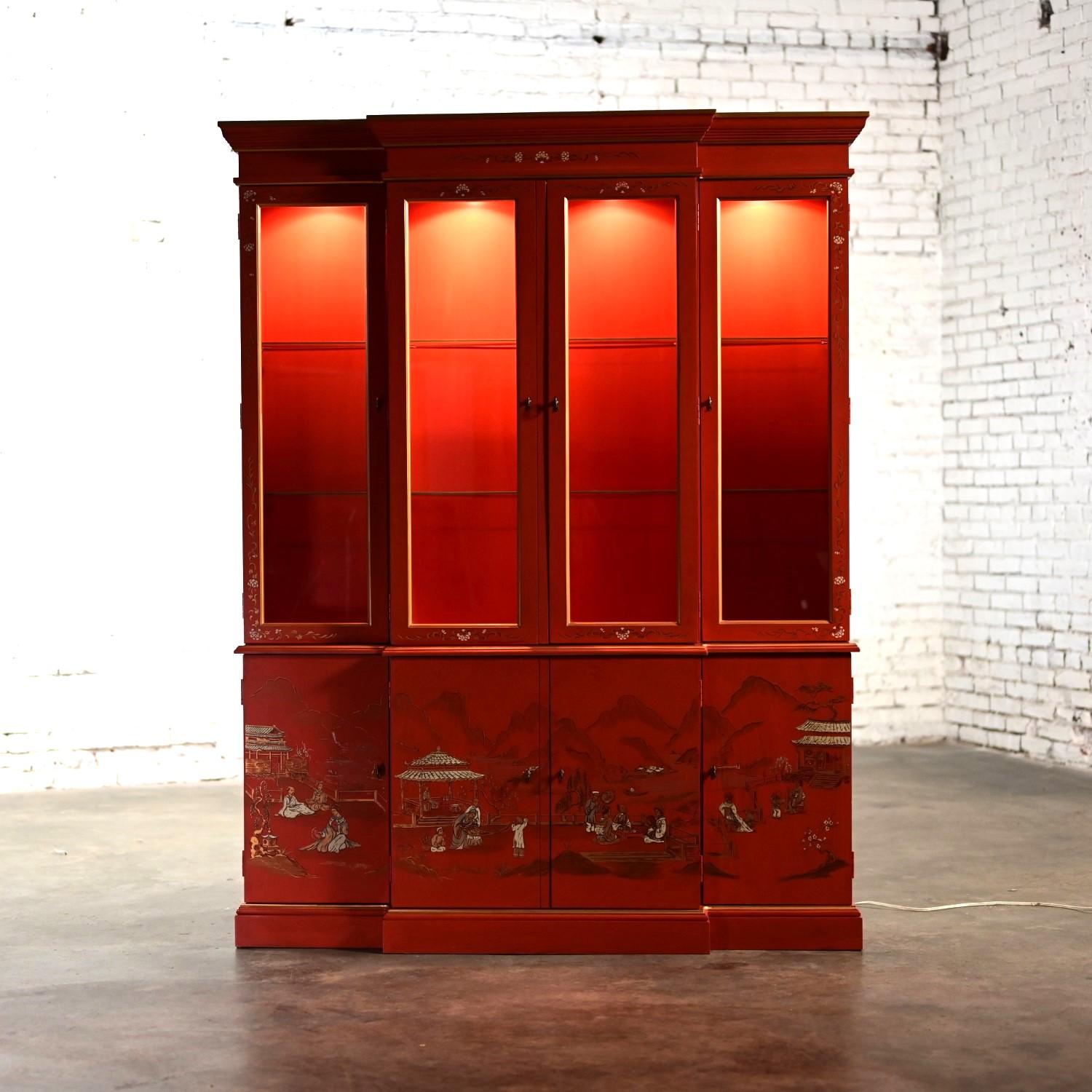 Chinoiserie Chinese Red Breakfront Lighted Hutch Bookcase or Display Cabinet 4