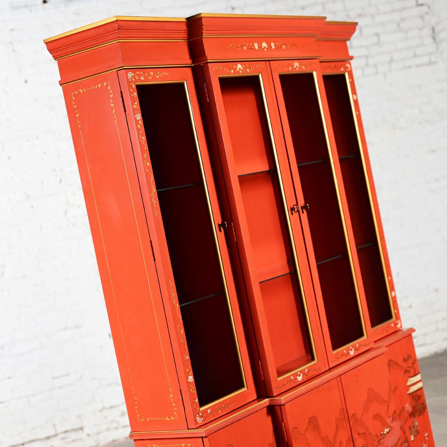 Chinoiserie Chinese Red Breakfront Lighted Hutch Bookcase or Display Cabinet 6