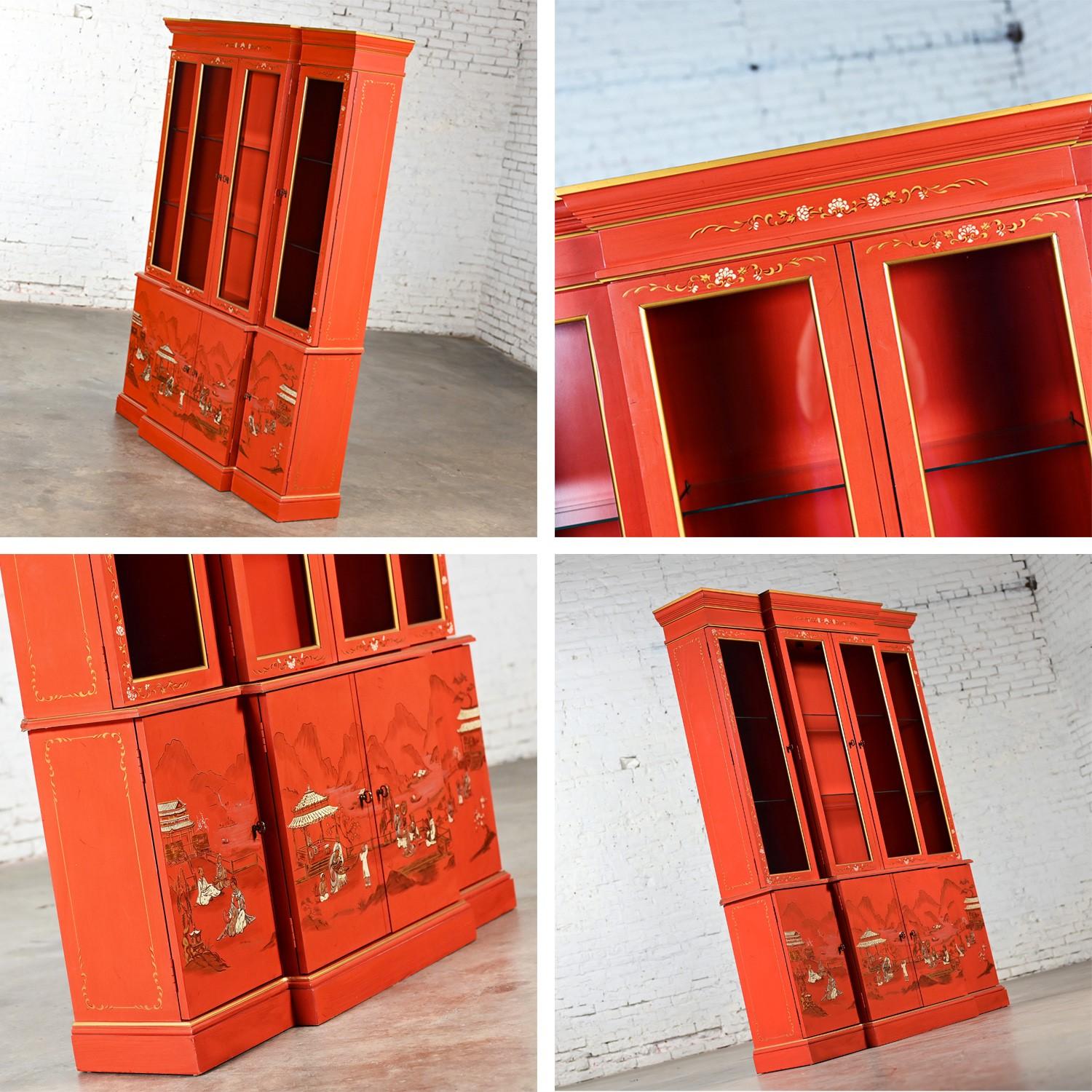 Chinoiserie Chinese Red Breakfront Lighted Hutch Bookcase or Display Cabinet 7