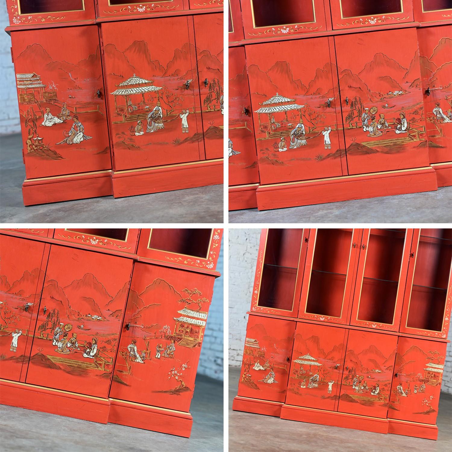 Chinoiserie Chinese Red Breakfront Lighted Hutch Bookcase or Display Cabinet 8
